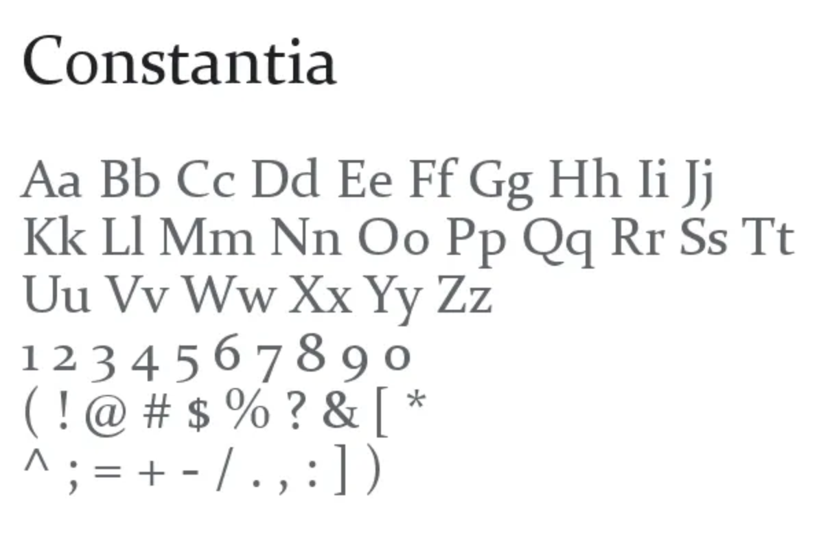 Constantia regular font sample used for video captions