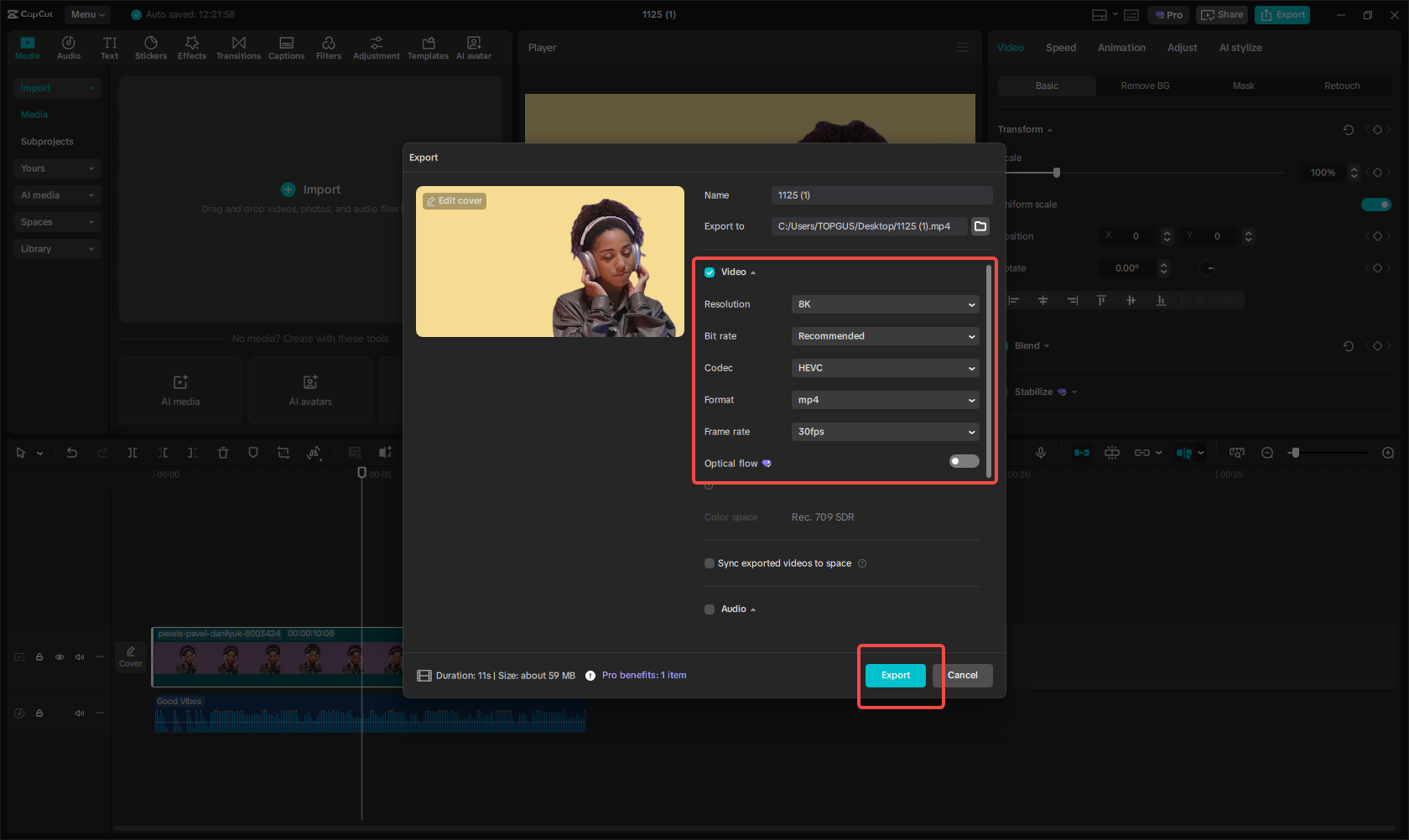 Export the new color background video
