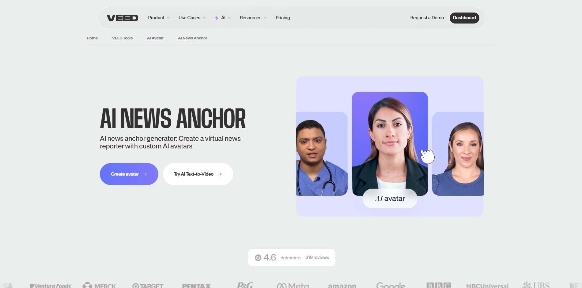 Interface of Veed - an easy to use AI news anchor generator