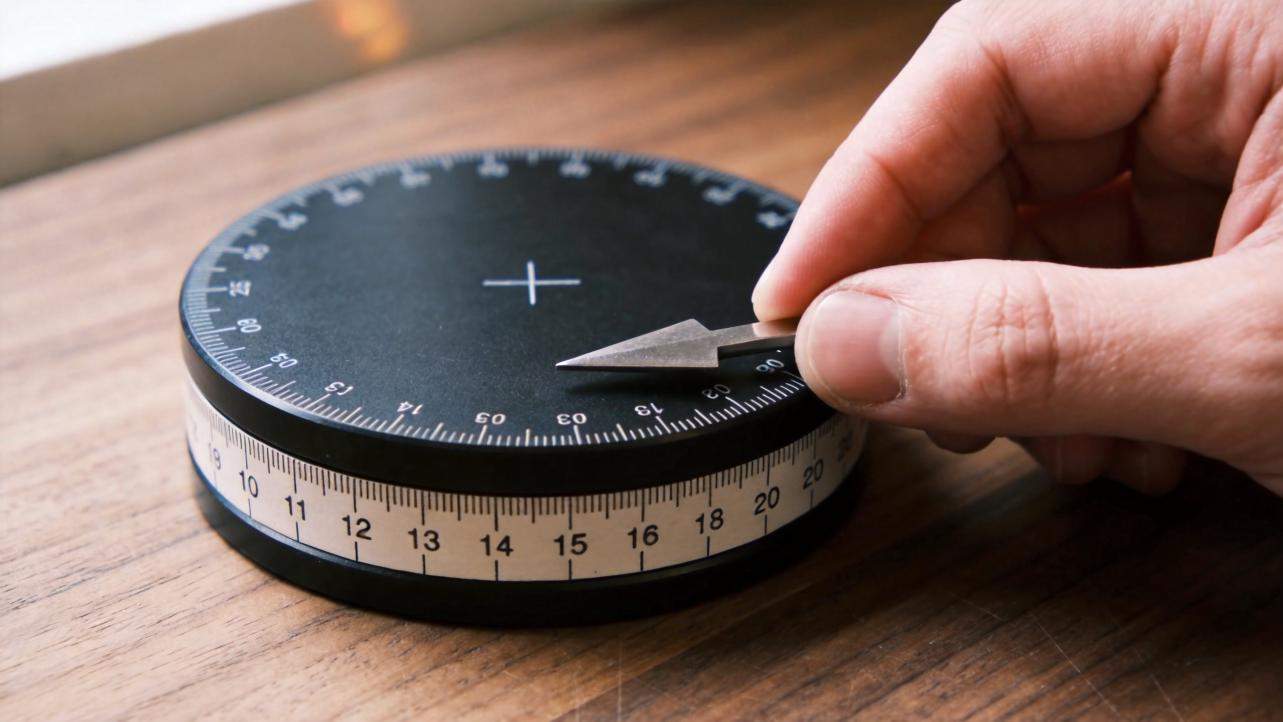 Hand adjusting a round turntable with measurement markings on a wooden table