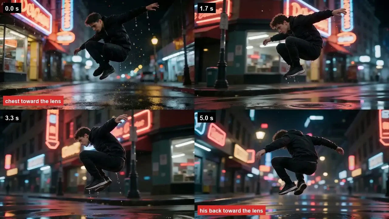 Four-panel sequence of a man jumping in a wet neon-lit street, with angles labeled chest and back toward the lens