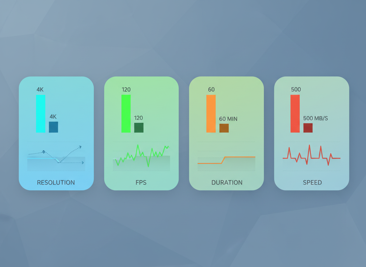Metrics chart graphic — comparative pictograms for resolution, fps, duration, and generation speed.