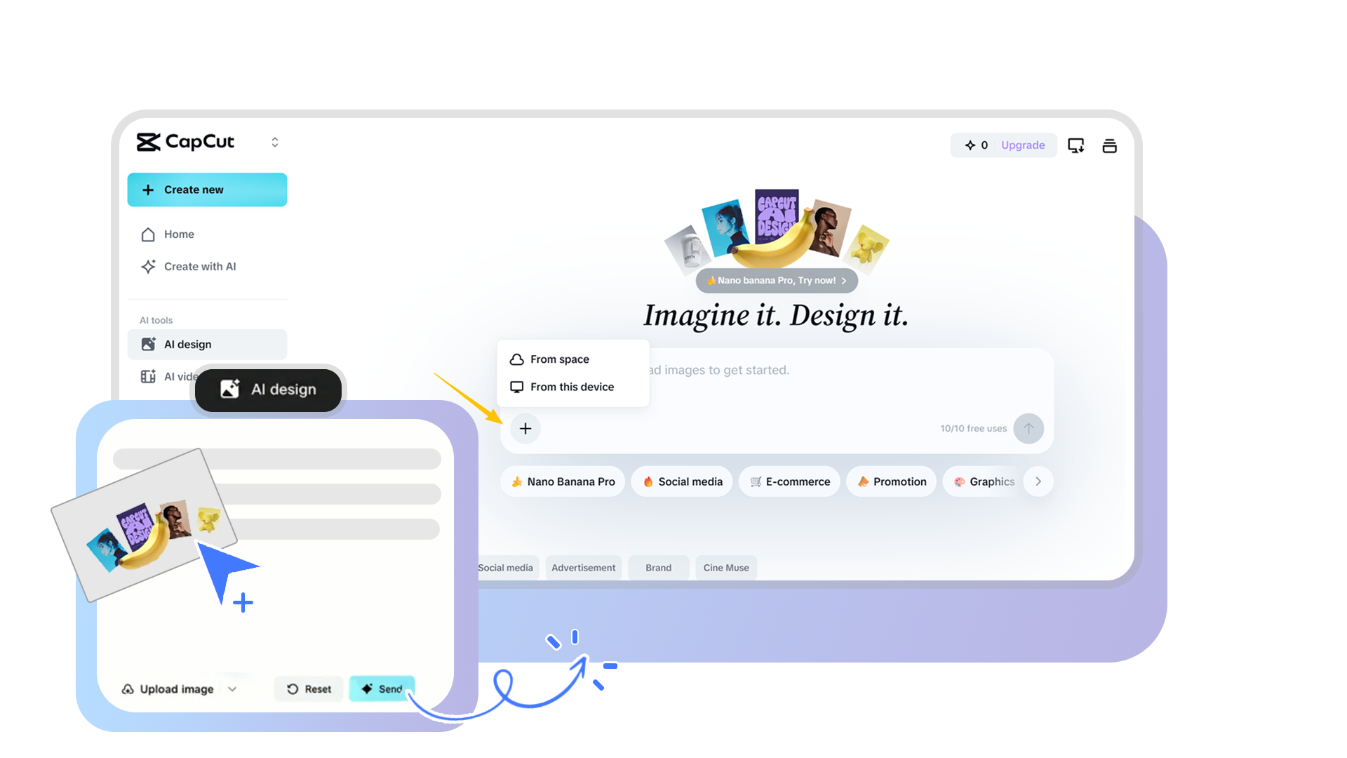Upload product image to CapCut AI Design
