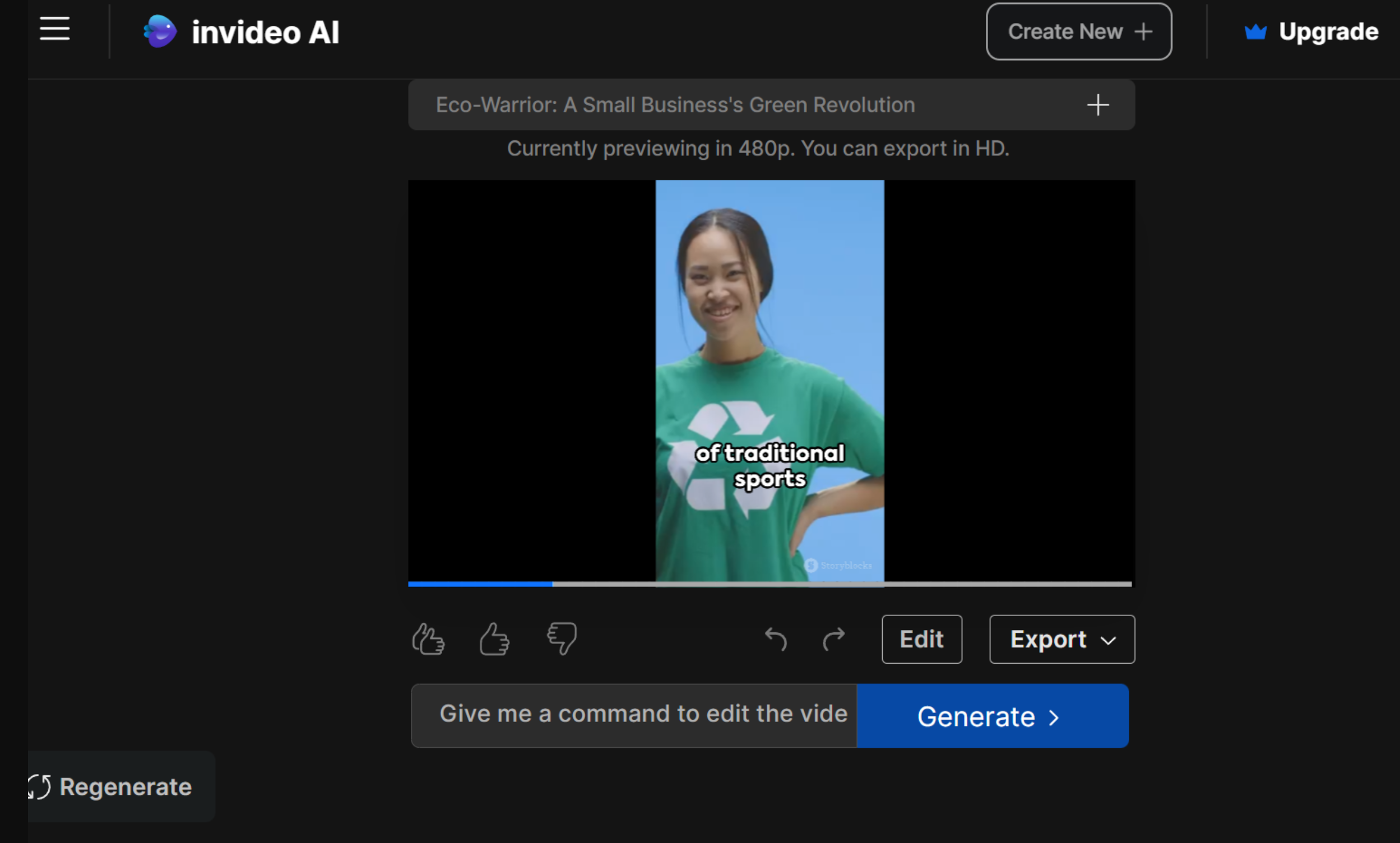Interface of Invideo AI - the most liked video montage maker