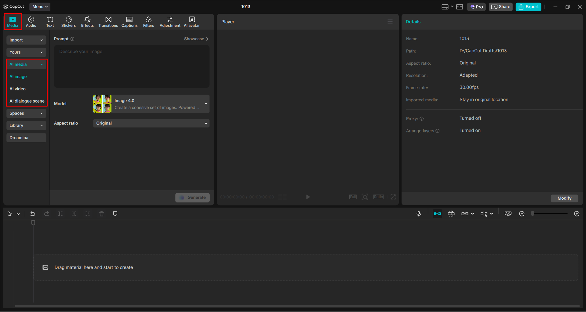 Opening the AI image tool in the CapCut desktop video editor
