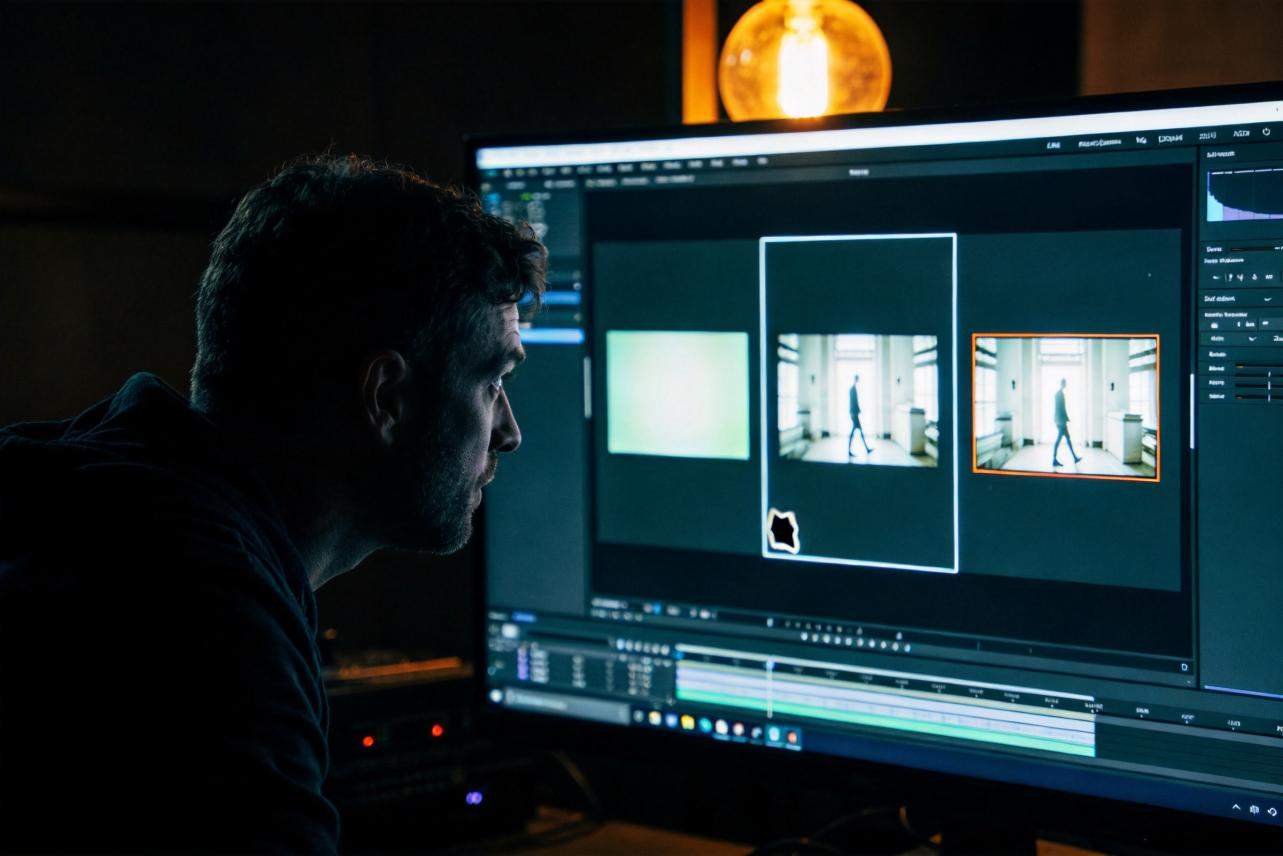 Man editing video on a large monitor with preview windows and timeline