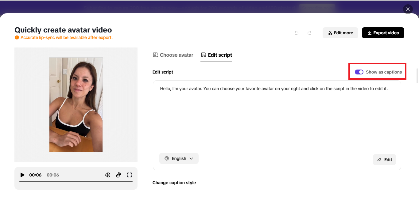 Show as captions option on the AI-avatar editing window