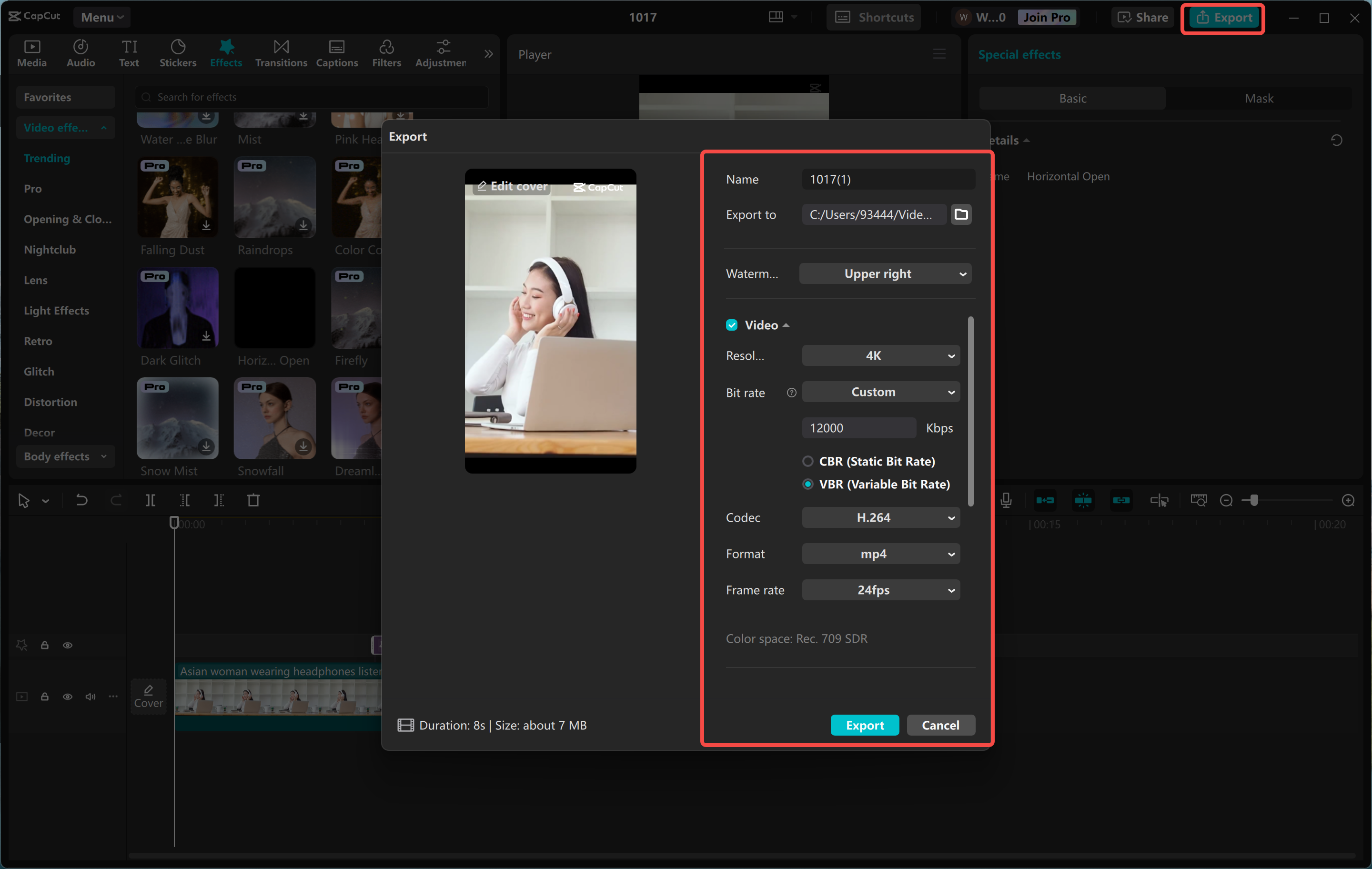 Exportul videoclipului după redimensionarea în editorul video CapCut desktop