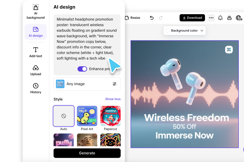 Enter prompt, choose image type and style