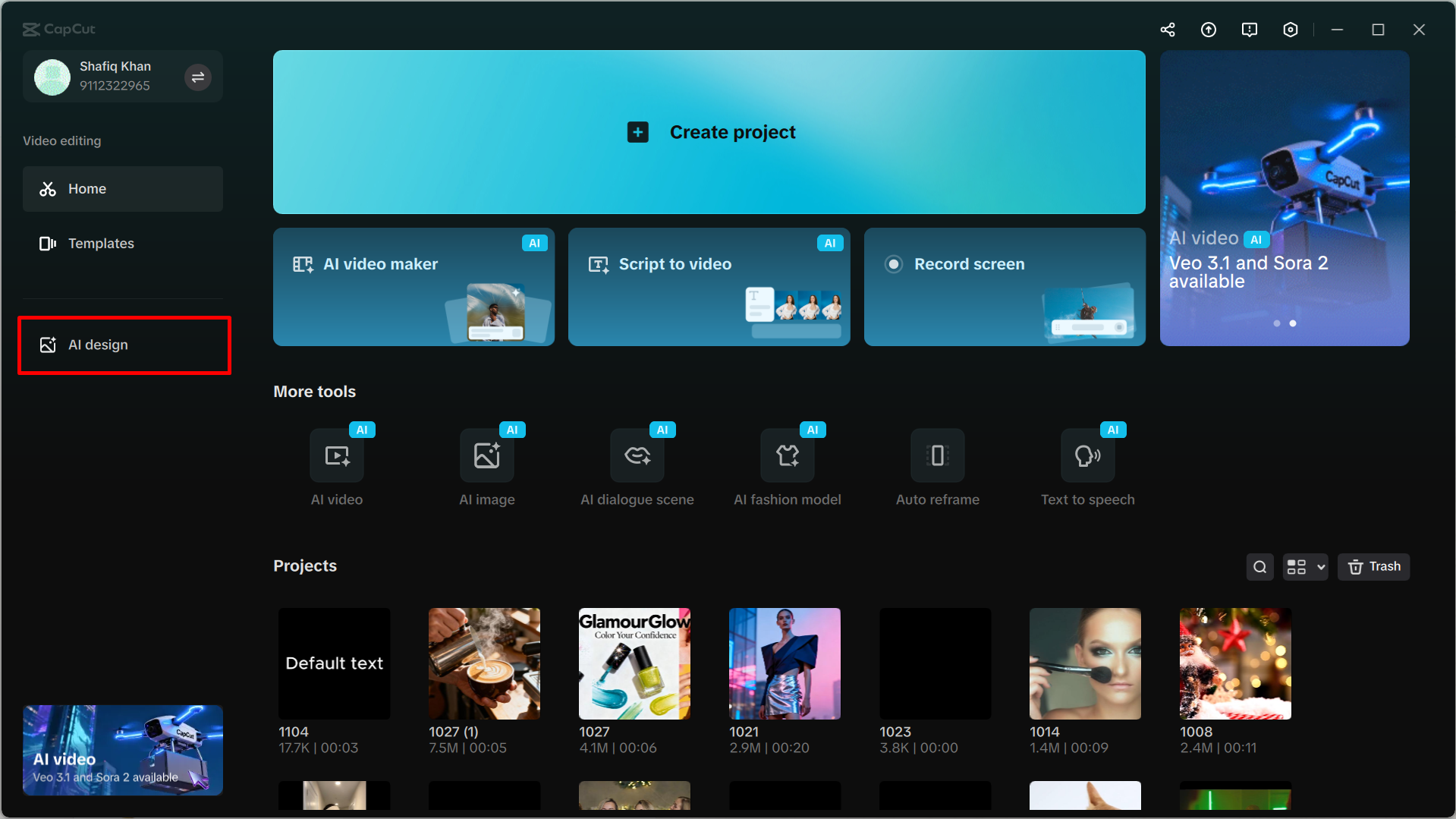 Accessing the AI design agent in CapCut