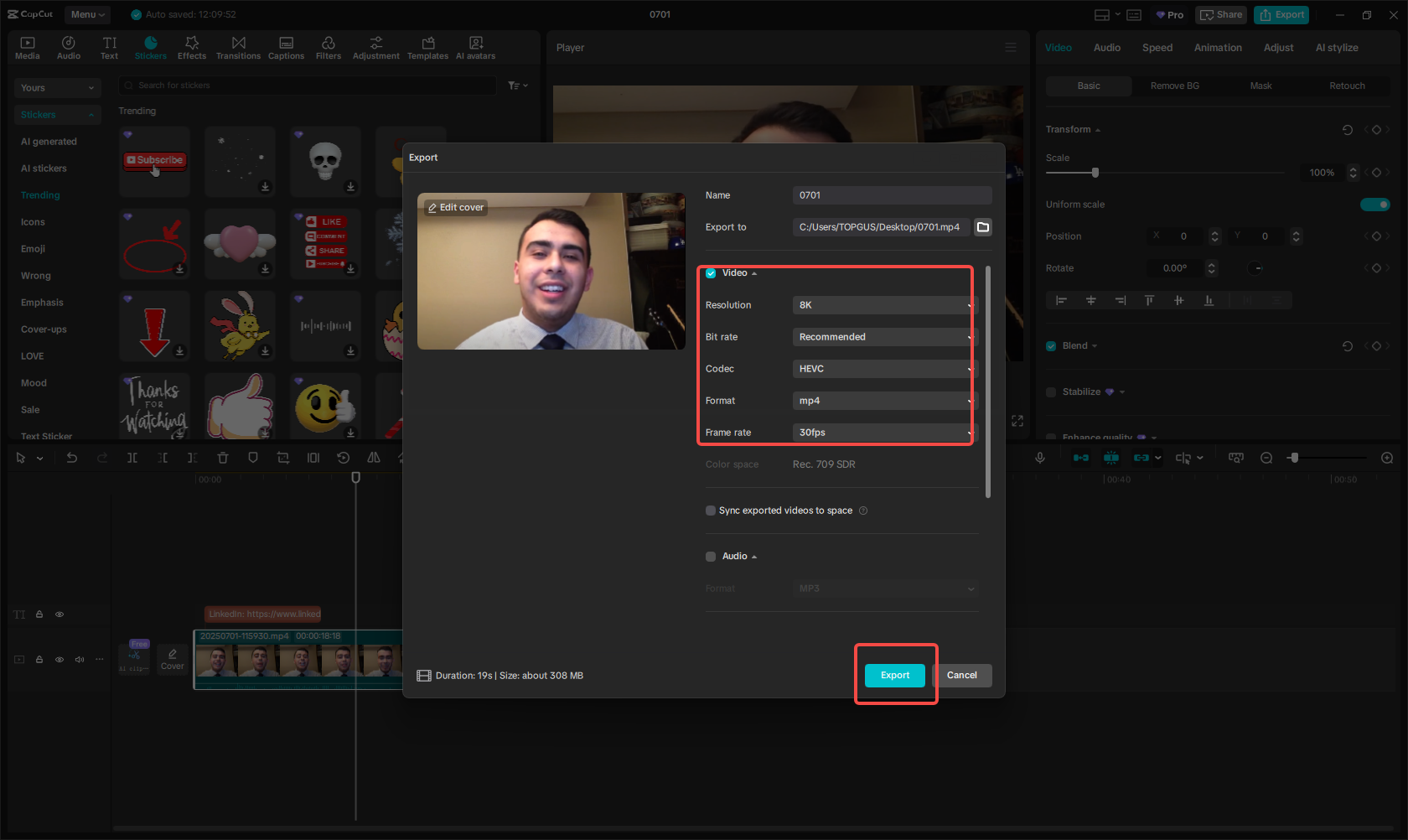 Export self-intro video