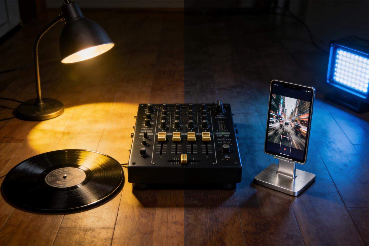 Vinyl record, audio mixer, and smartphone on a desk with contrasting warm and blue lighting