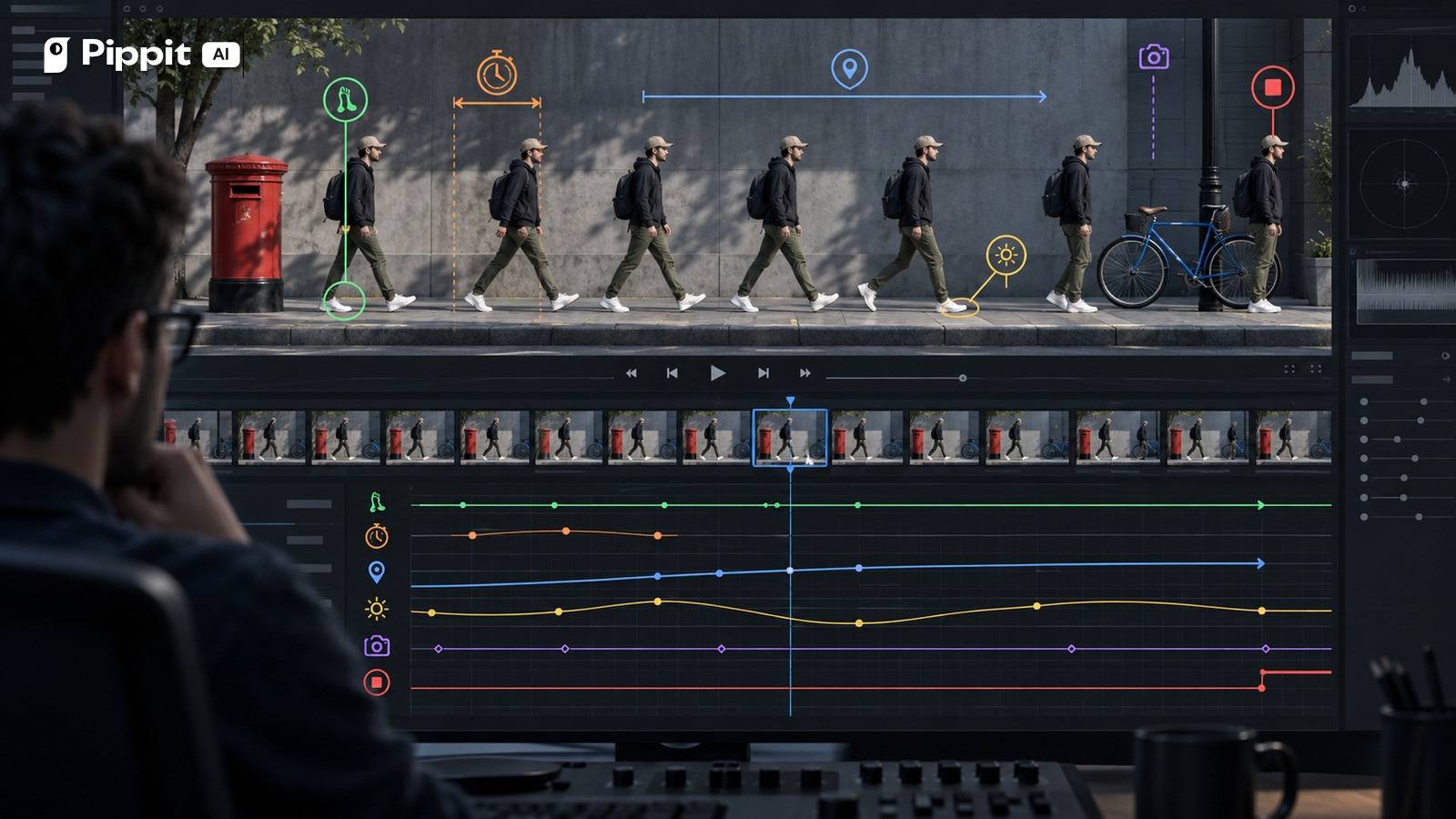 An editor studies a walking sequence and colored motion graphs between a mailbox and bicycle.