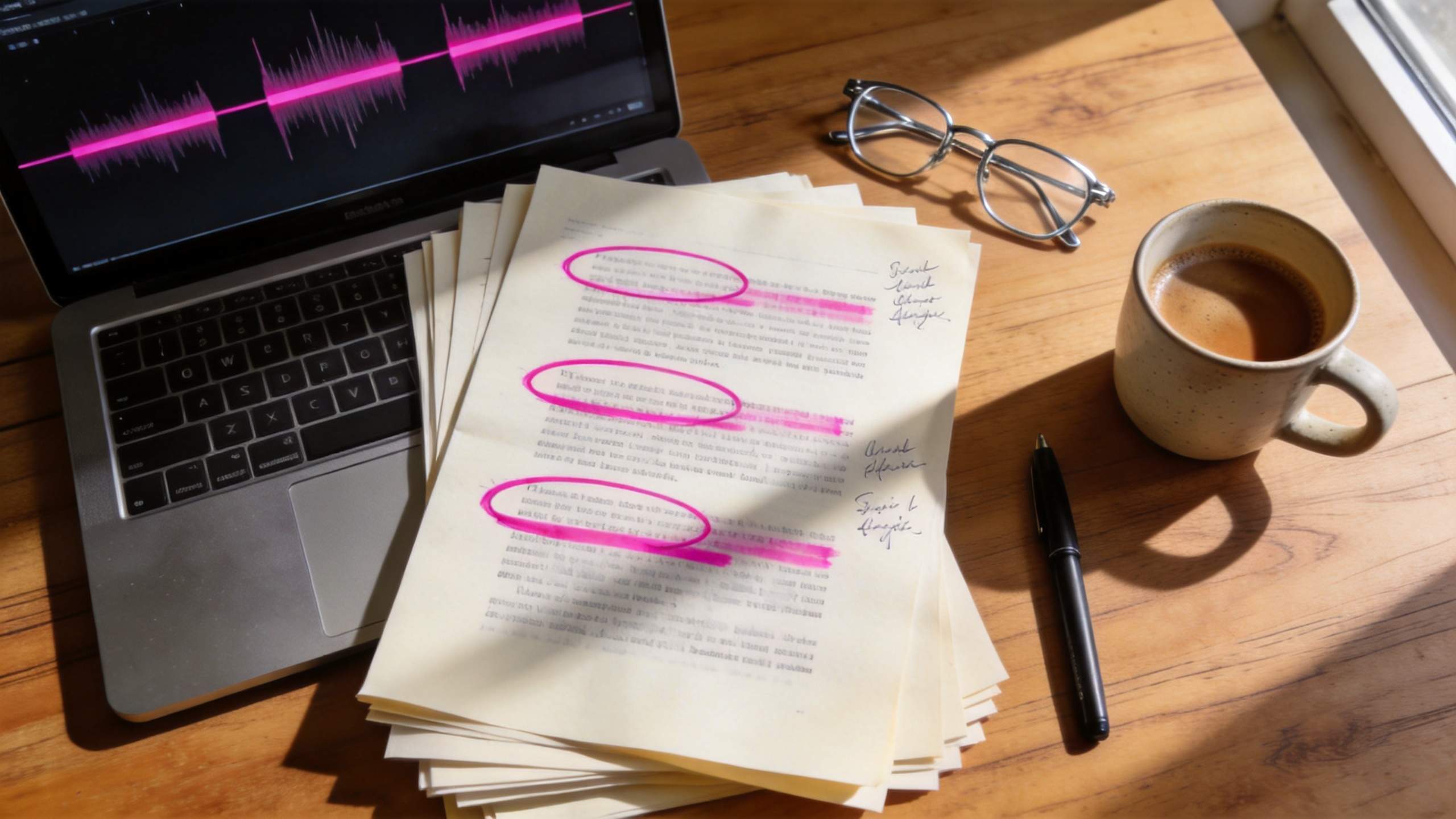 Laptop with audio waveform beside highlighted script pages, coffee mug, glasses, and pen on a desk