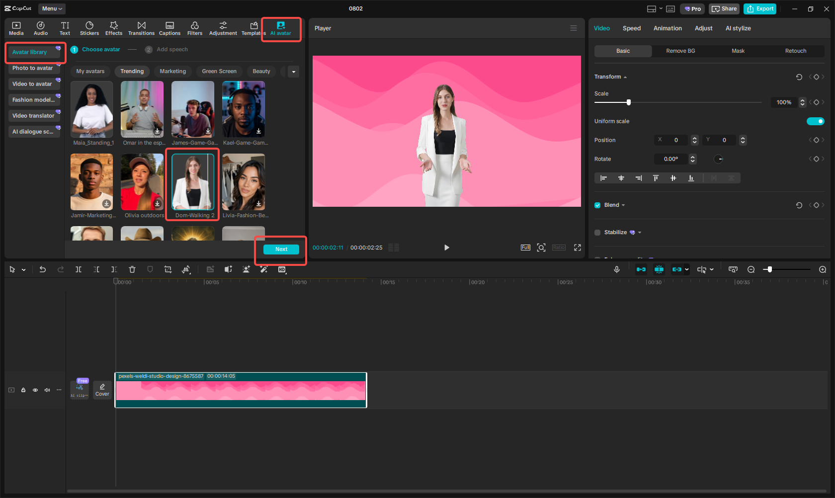 Accessing CapCut's avatar library