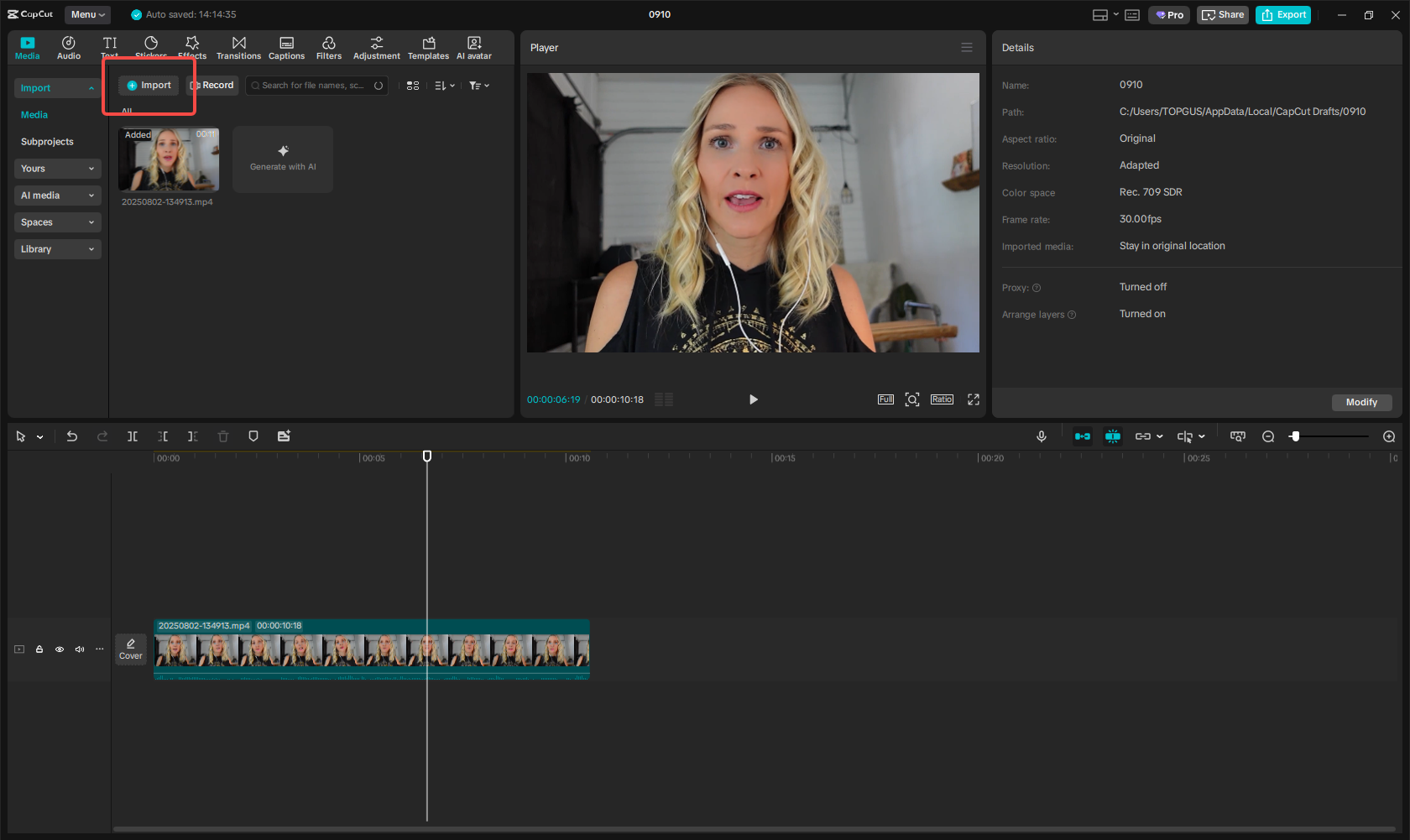 Importing the video into CapCut