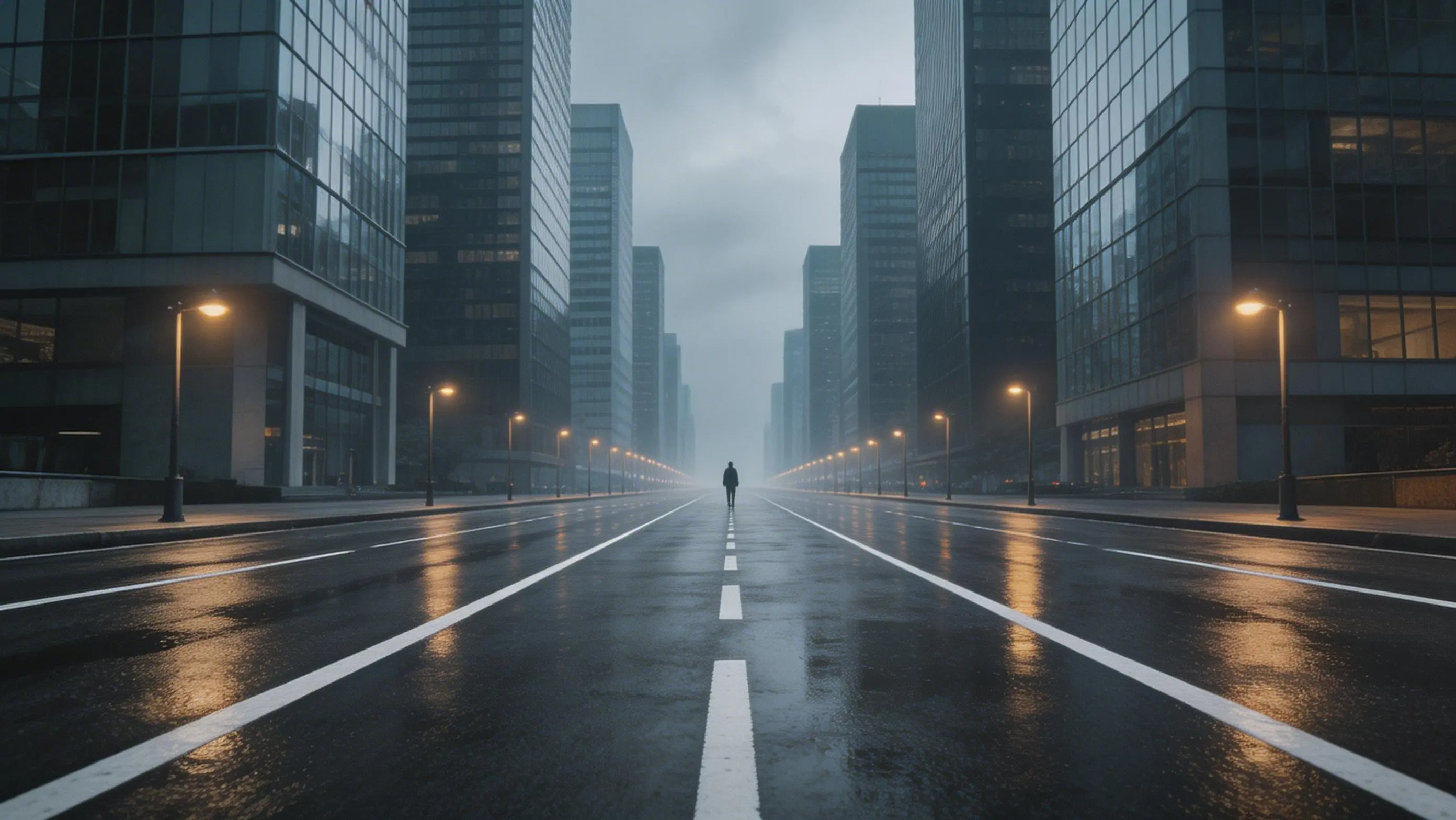 City street lines pointing toward distant person