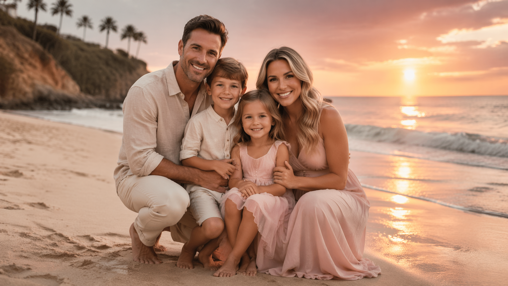 Dreamina trending familj foto snabb exempel 5: Beach Sunset Family Scene