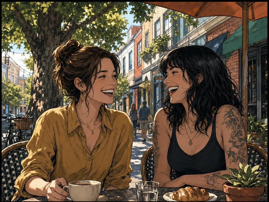 Webtoon IA Filter prompt exemplo 3 - Cena de amizade de café ensolarado