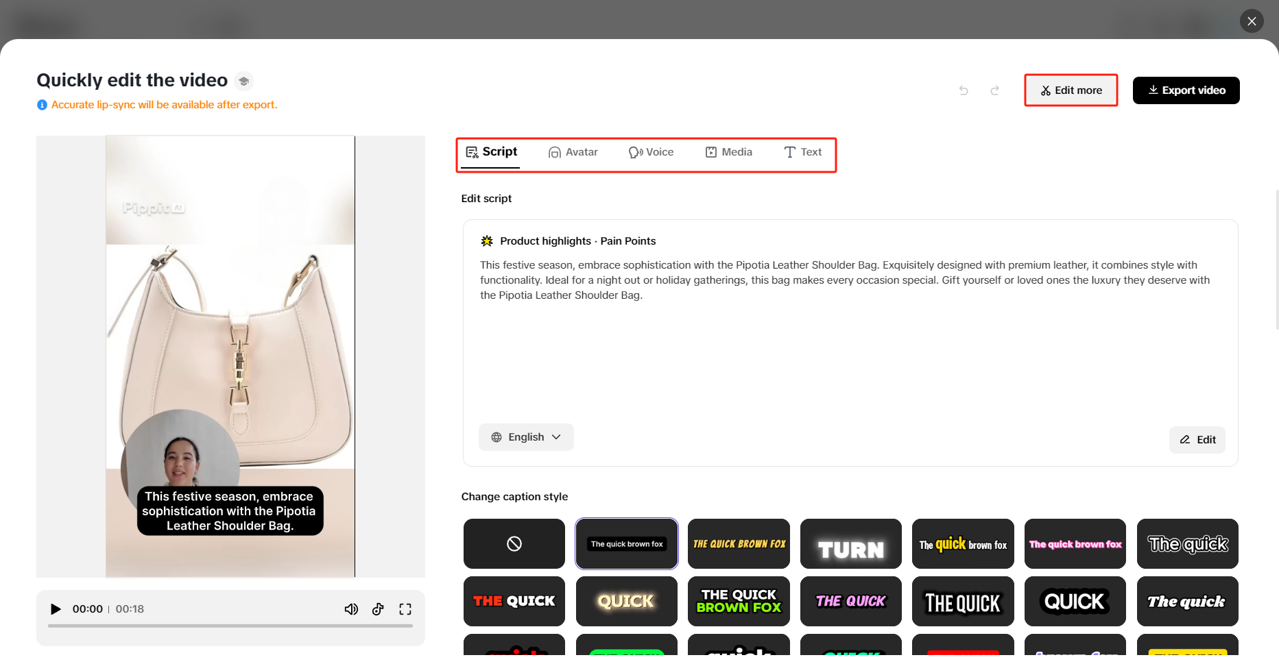 Modify script, avatar, voice, media and text in real time