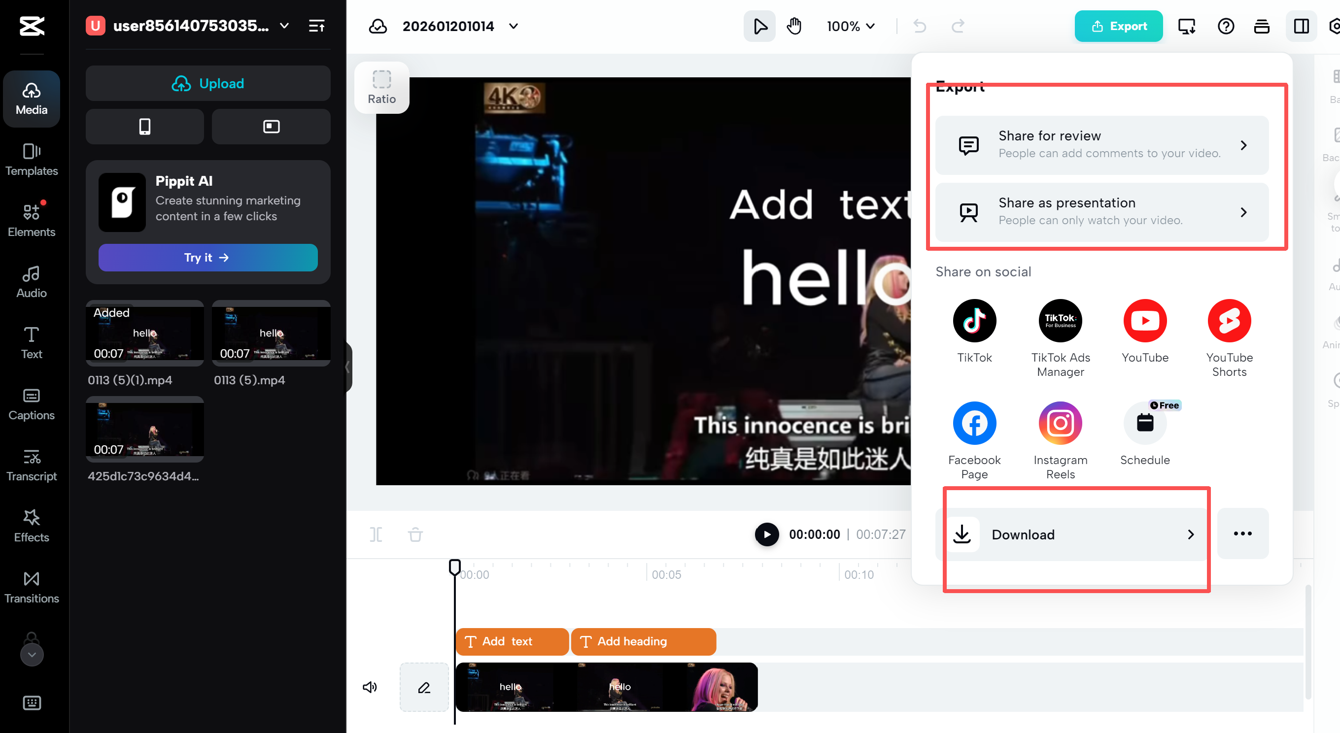 Versi online, hanya dapat disimpan ke album foto atau dibagikan secara manual ke lokasi lain di CapCut