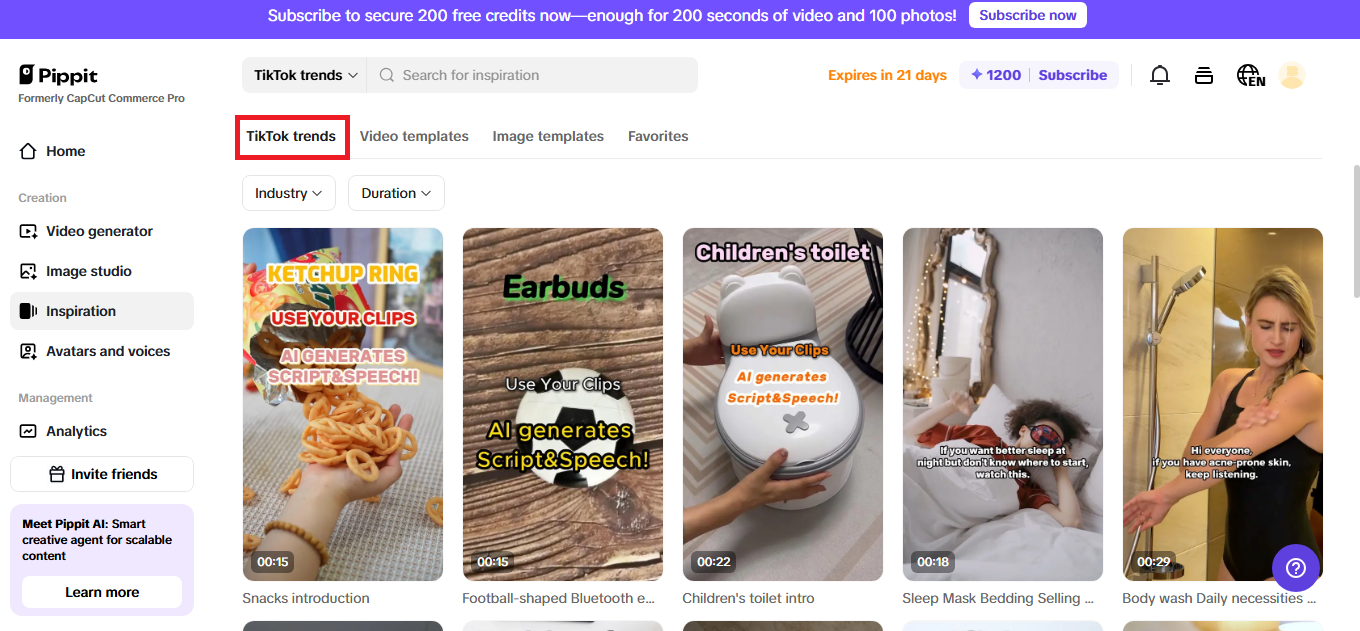 TikTok trending templates at Pippit