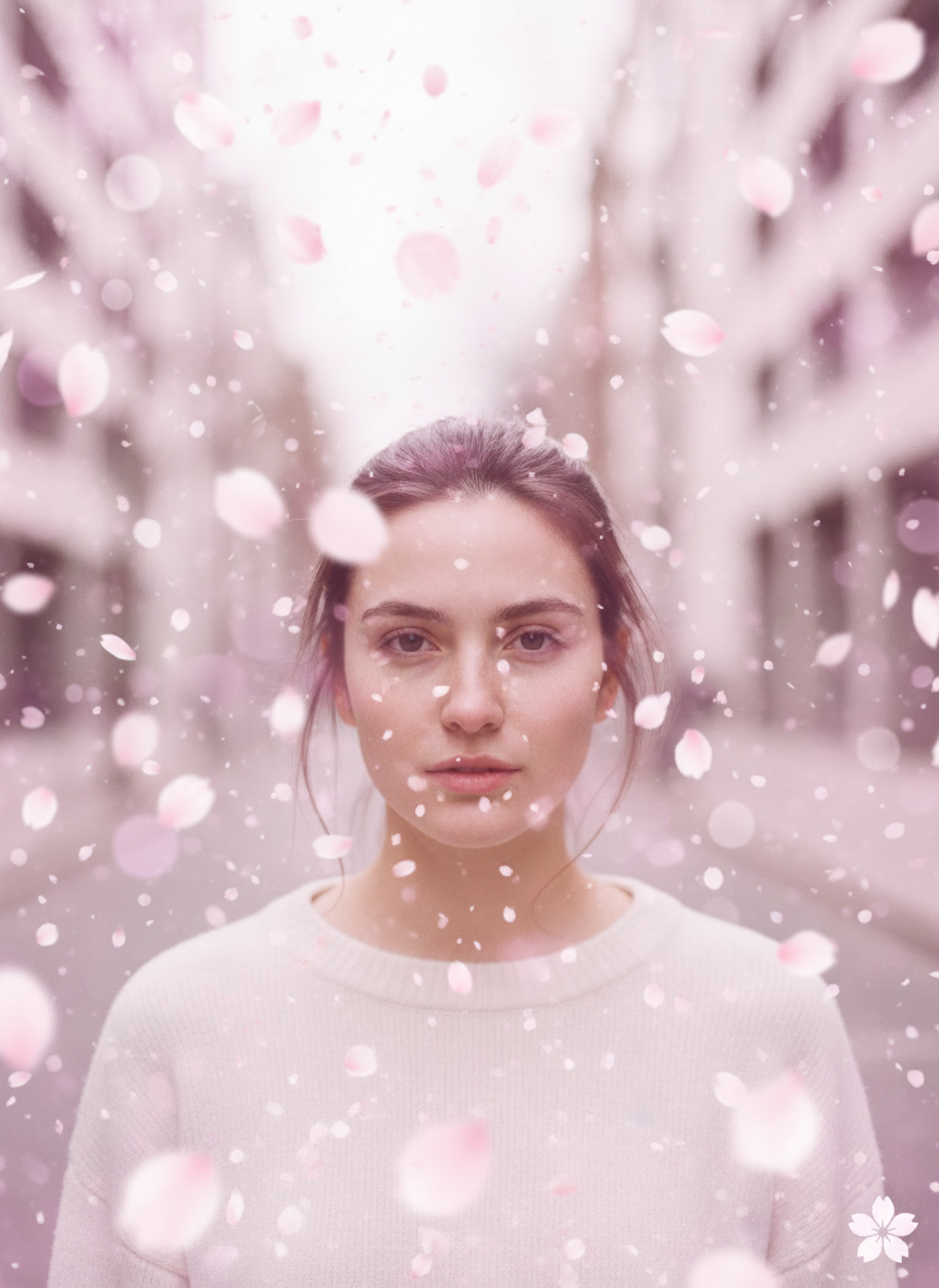 After (vertical): AI sakura filter with floating petals, soft pink tones, dreamy bokeh, natural skin preserved