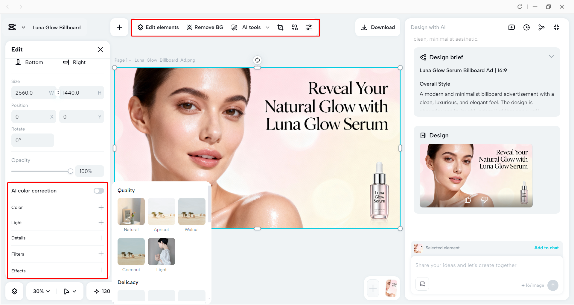 Resizing and editing the billboard ad in CapCut