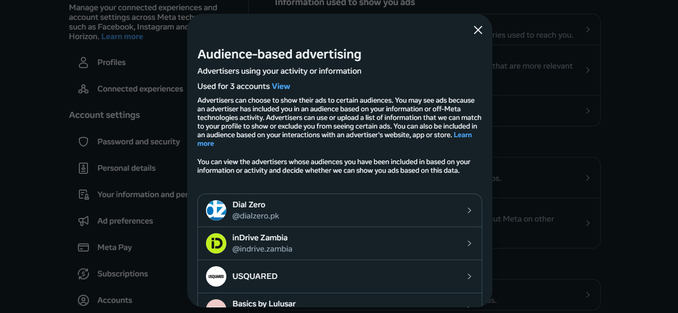 Opção de publicidade baseada no público