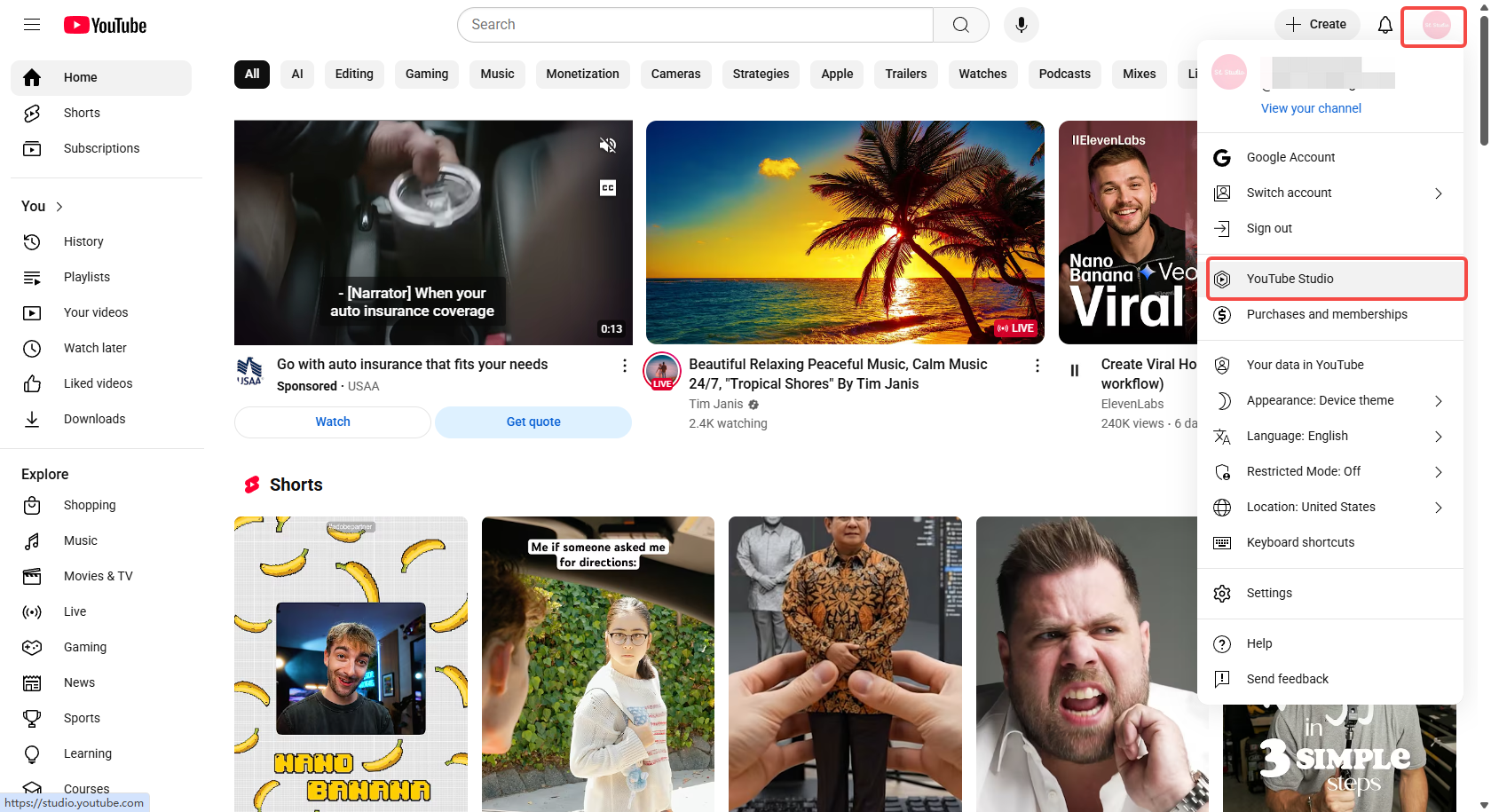 Accessing the YouTube Studio