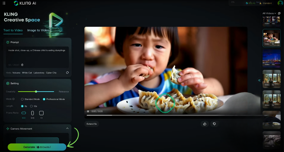 Interface of Kling AI - the best free AI video generator from text prompts