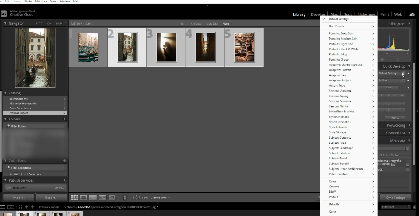 Applying a preset for a larger batch in Adobe Lightroom