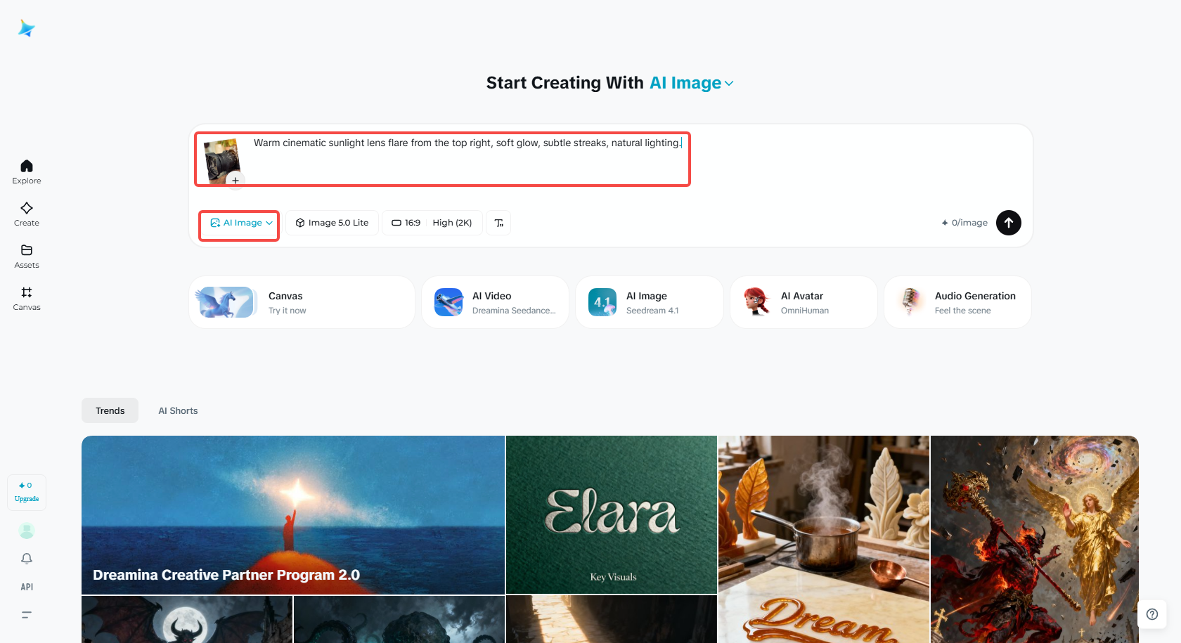 Digite um prompt ou adicione uma imagem ao dreamina