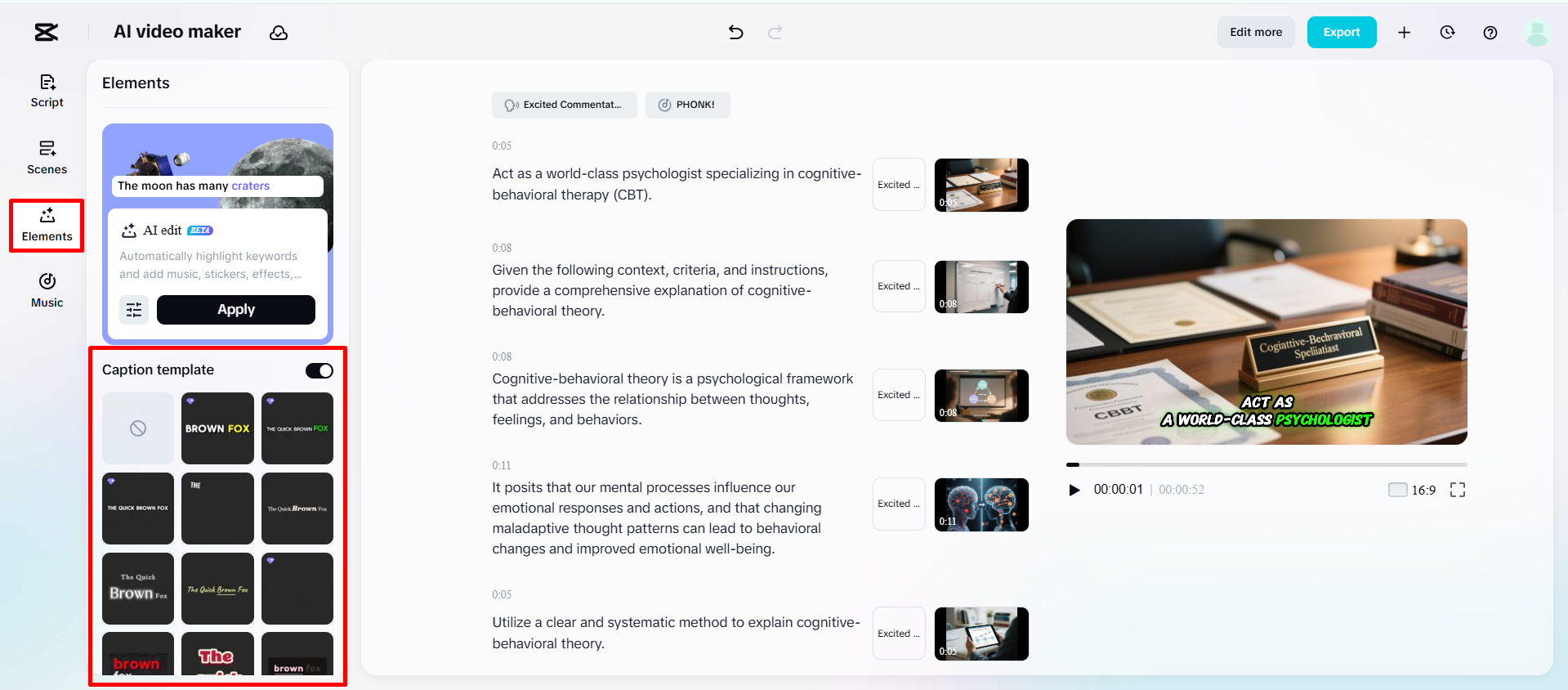 Choosing a caption template on the CapCut Web