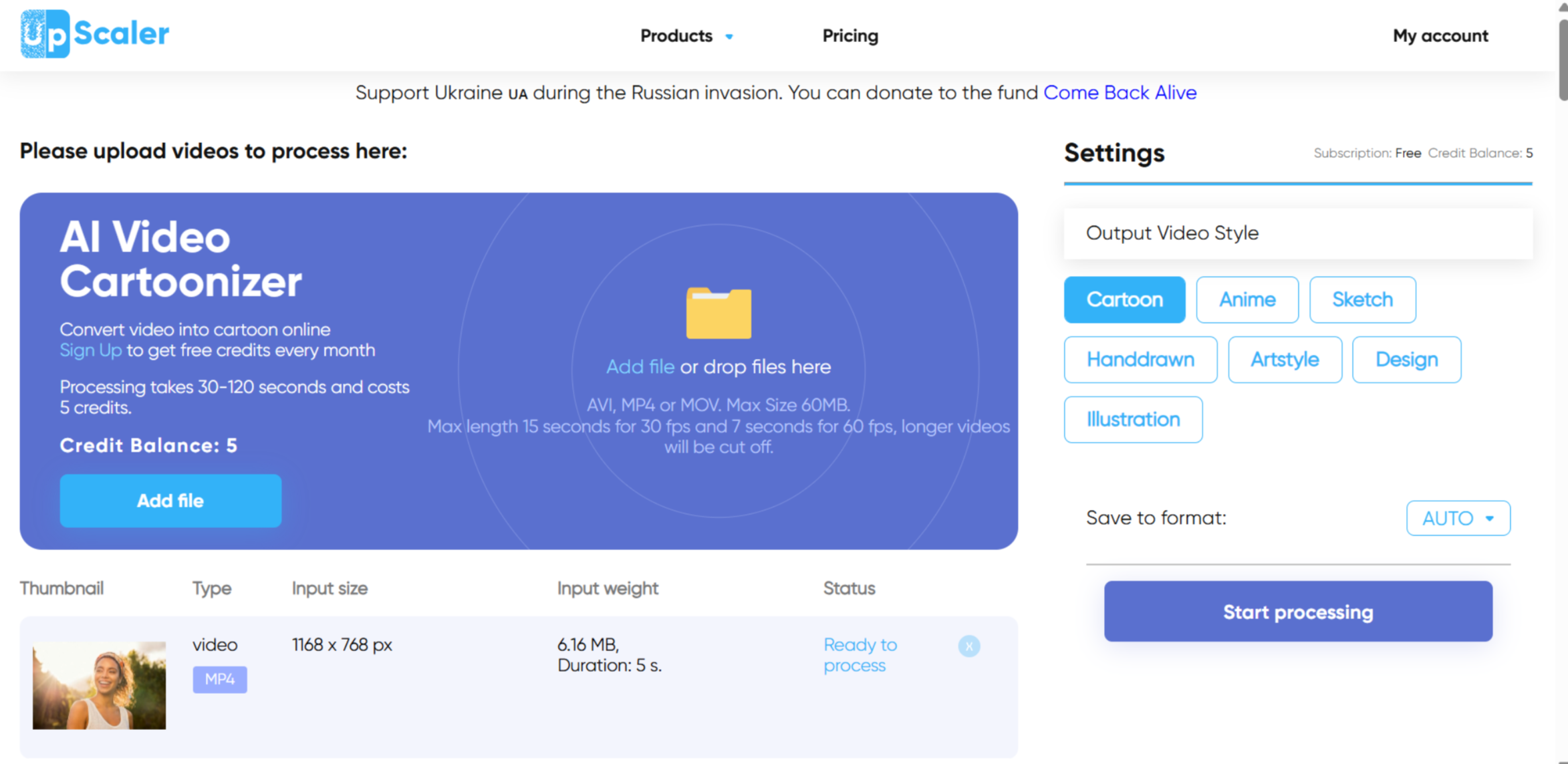 Interface of imageupscaler -  a free online tool to cartoonize video