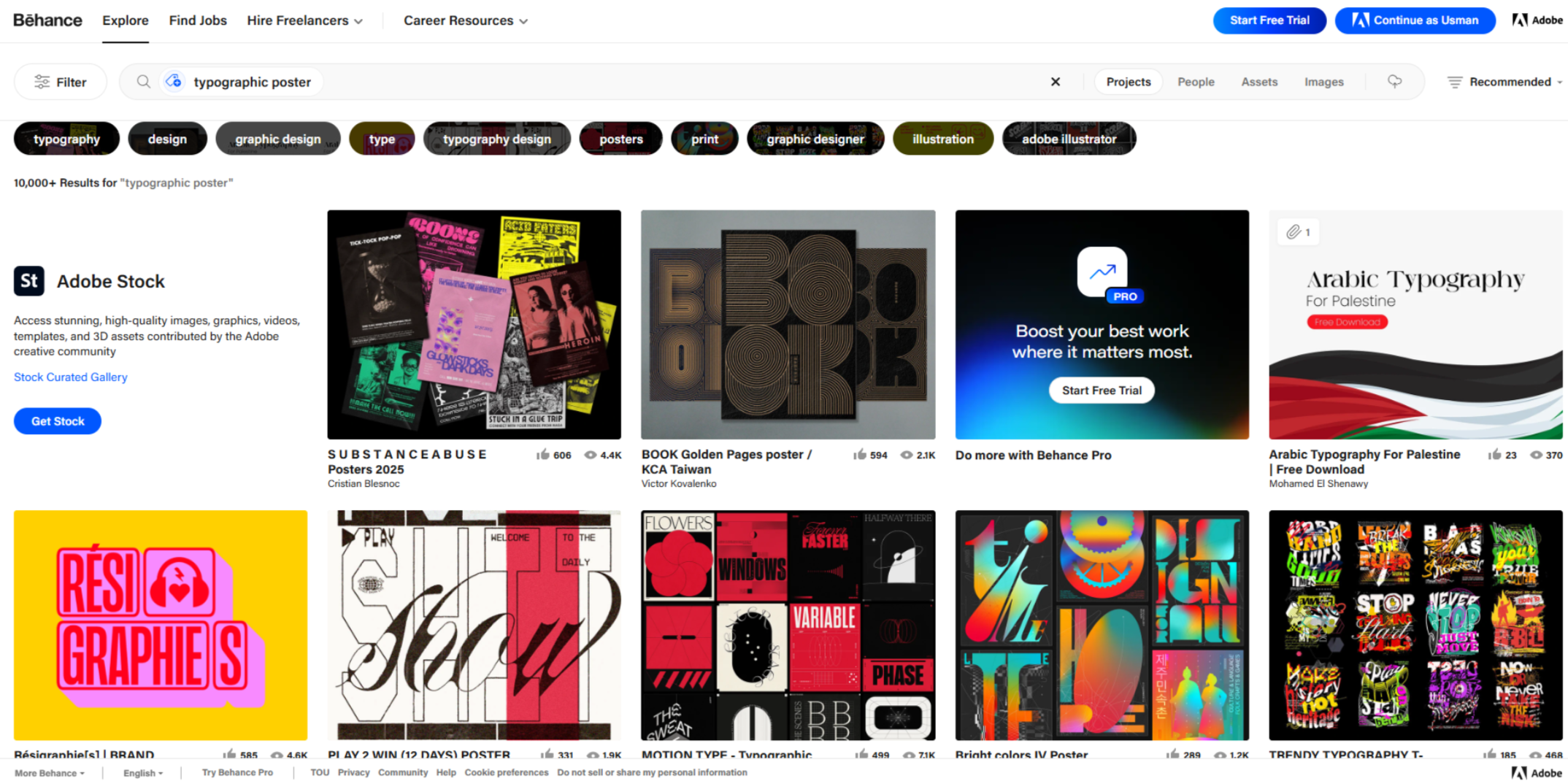 Interface of Behance - a platform with inspirations of typography poster designs
