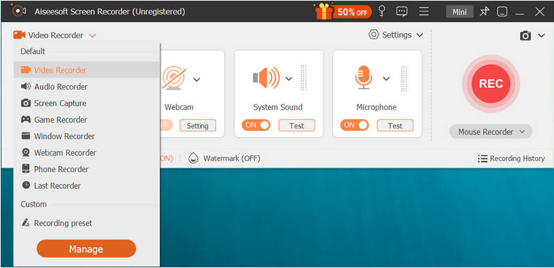 Pagpili ng audio at screen area sa Aiseesoft Screen Recorder