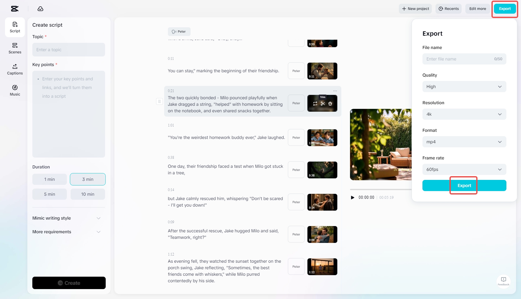 Ini-export ang nabuong video sa CapCut