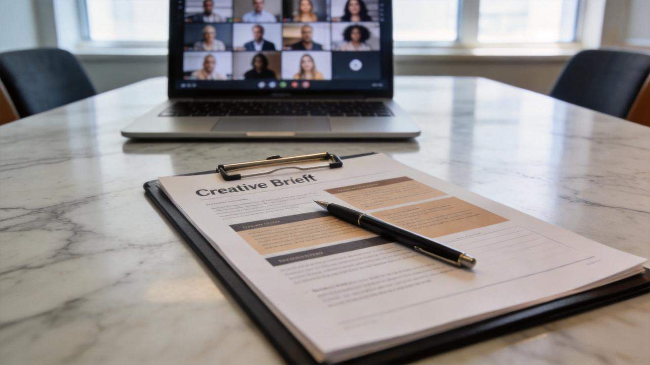 Creative brief on a clipboard with a pen, in front of a laptop showing a video call