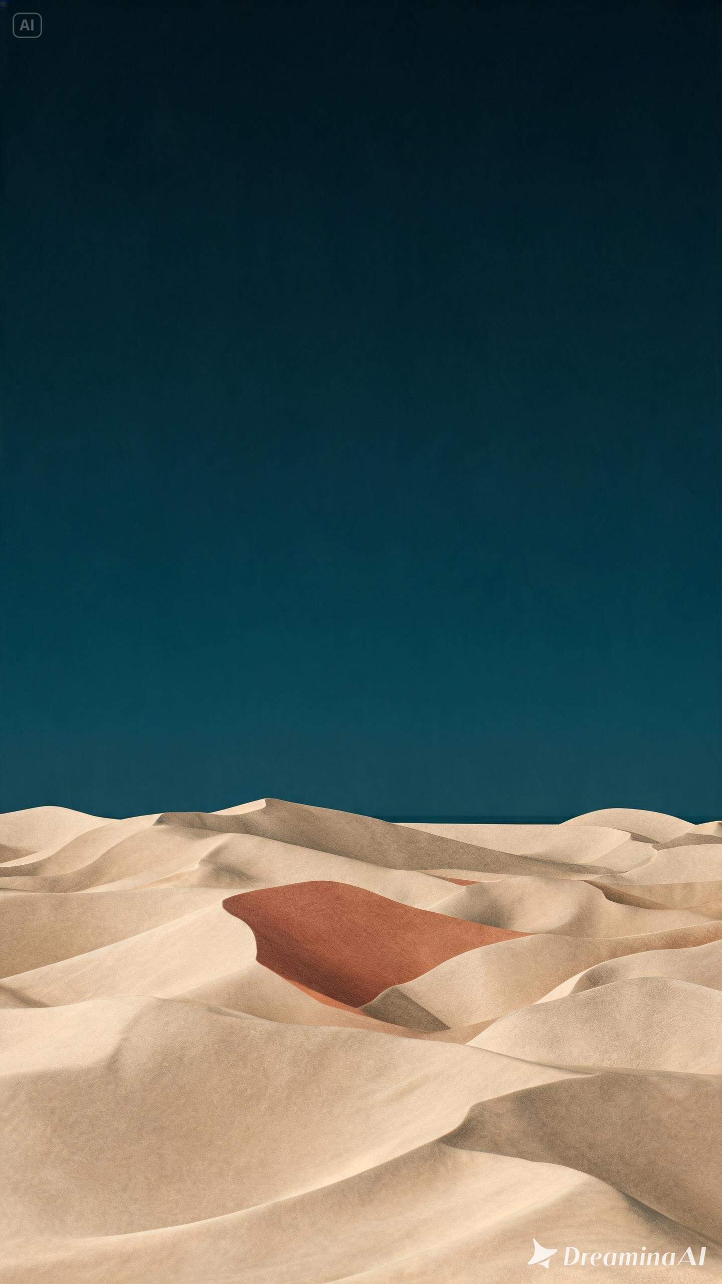 Papier peint portrait avec des dunes crème basses et un grand ciel sarcelle sombre vide au-dessus, avec la marque Dreamina en bas