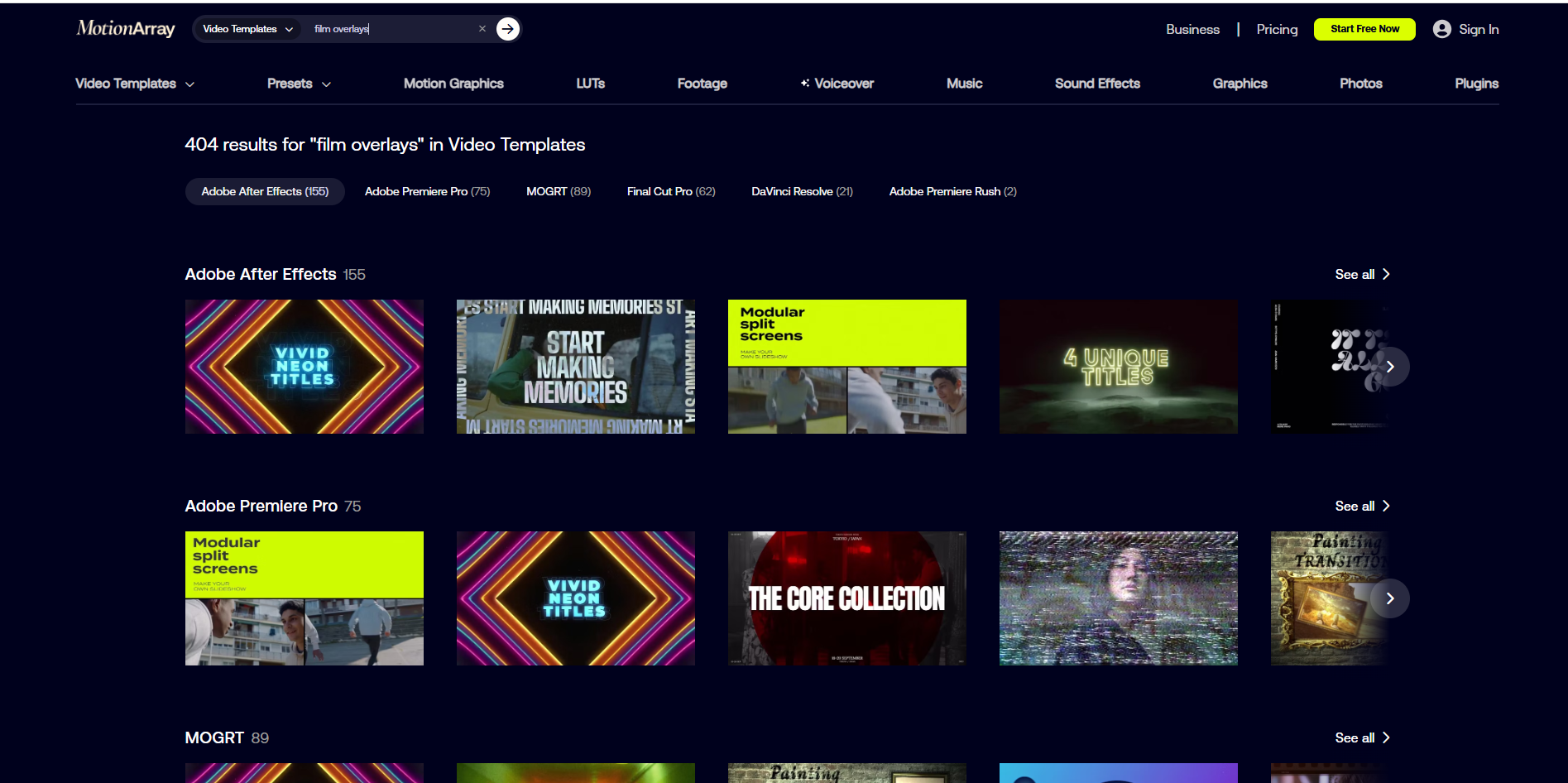 Interface of Motion Array - an online site to download free film overlays