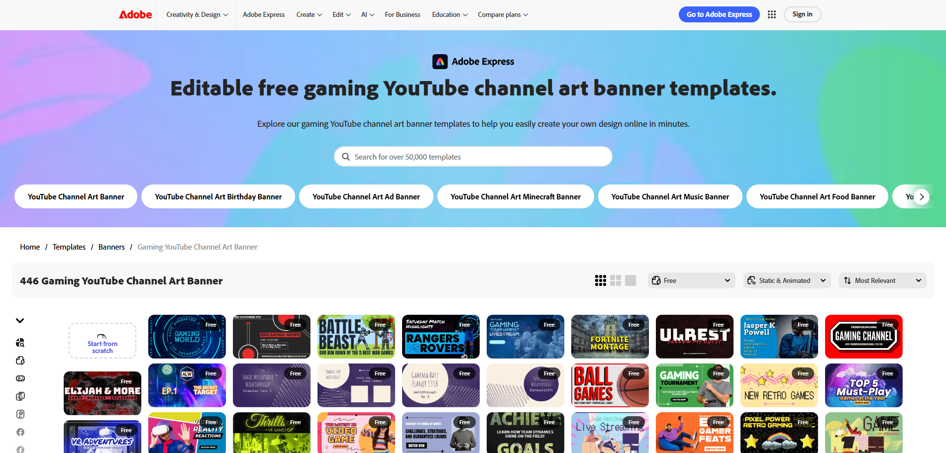 Adobe Express YouTube gaming banner template
