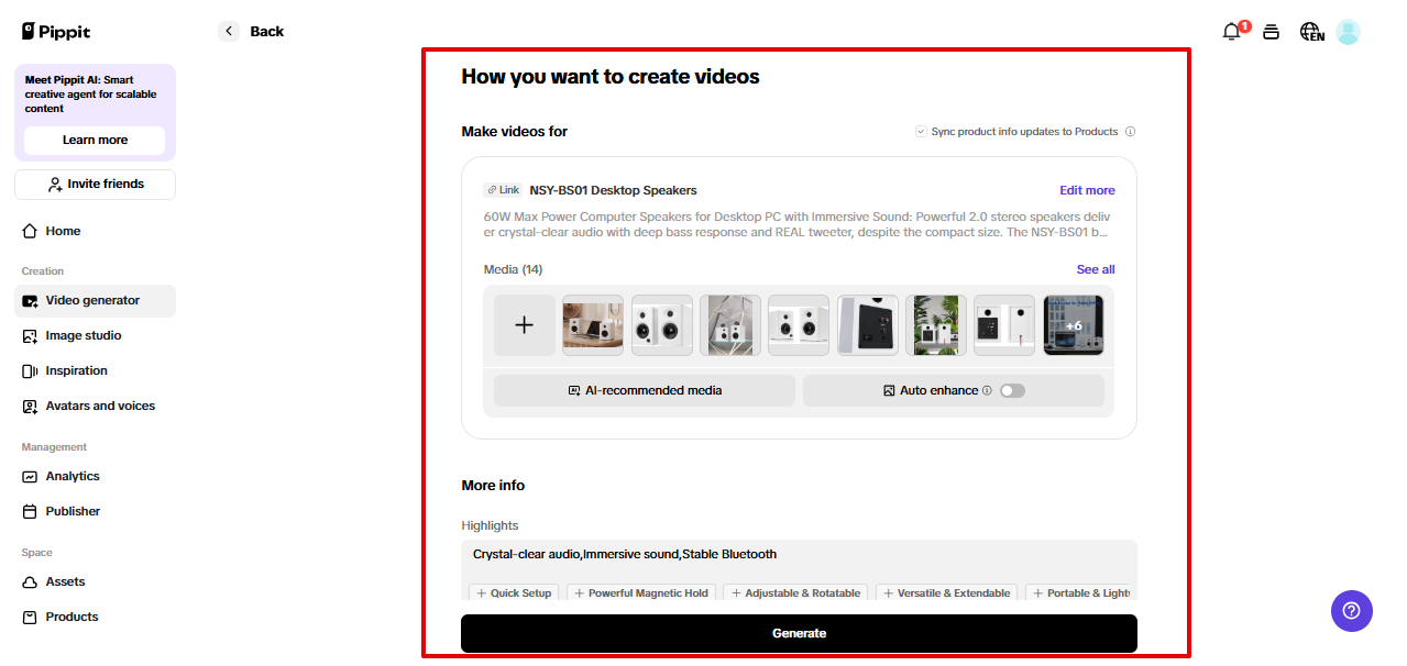 Customizing video settings in Pippit
