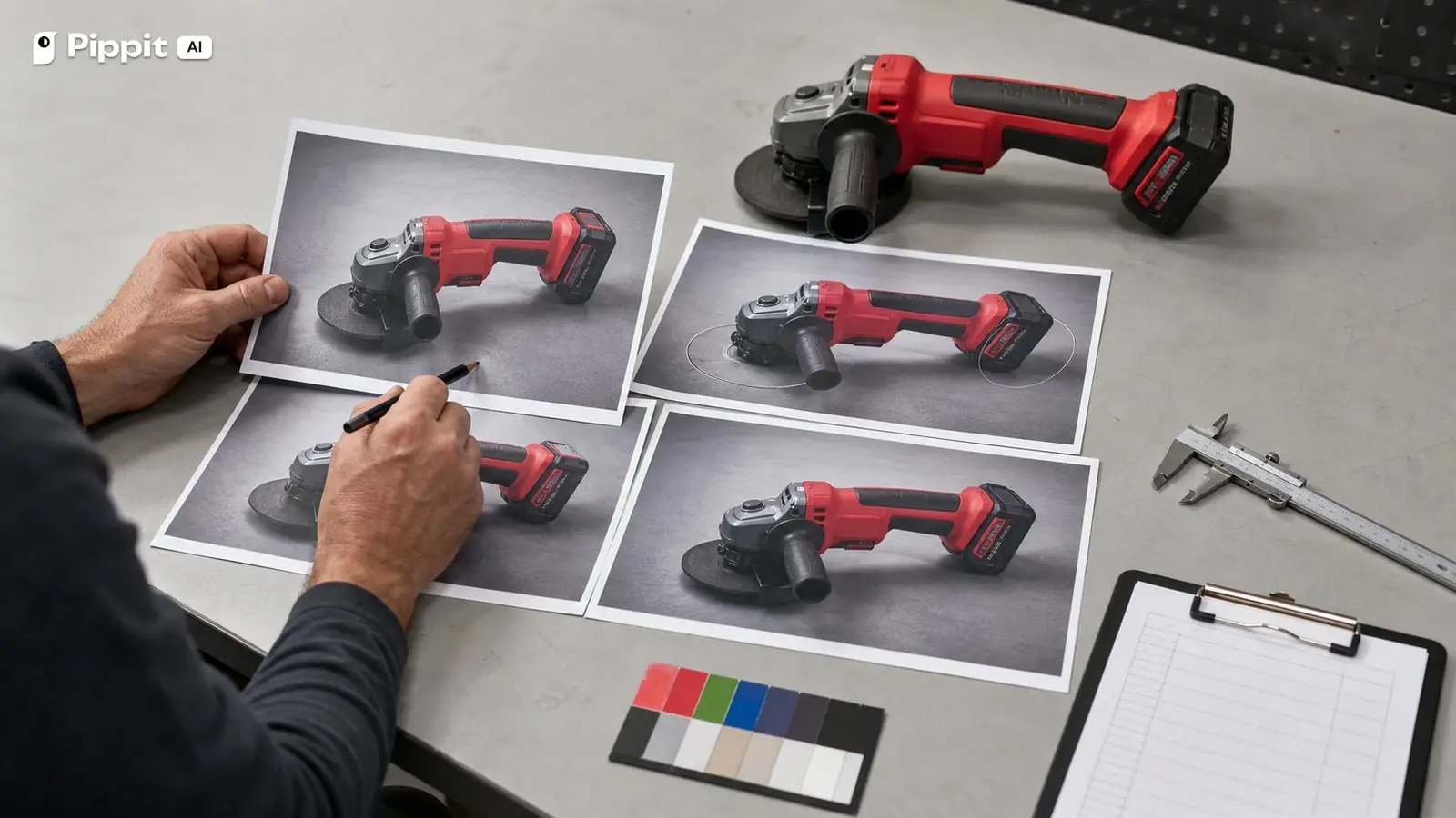 An editor compares a physical product with the generated advertisement to inspect product truth.