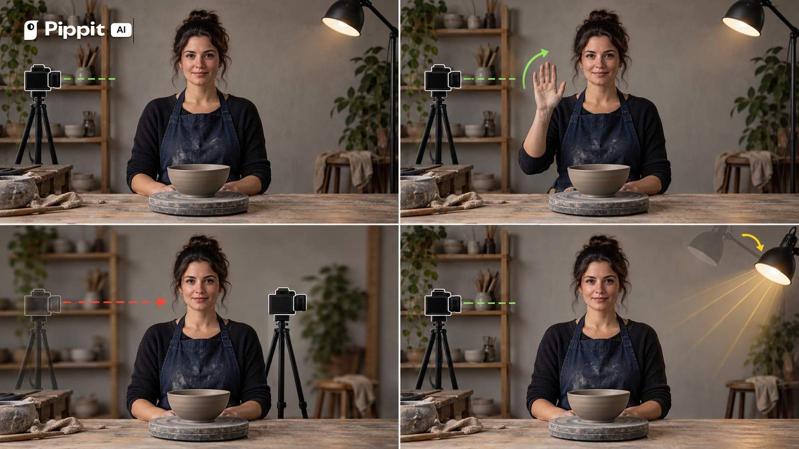 A two-by-two grid shows the same adult artist still, raising a hand, with camera motion, and with light motion.