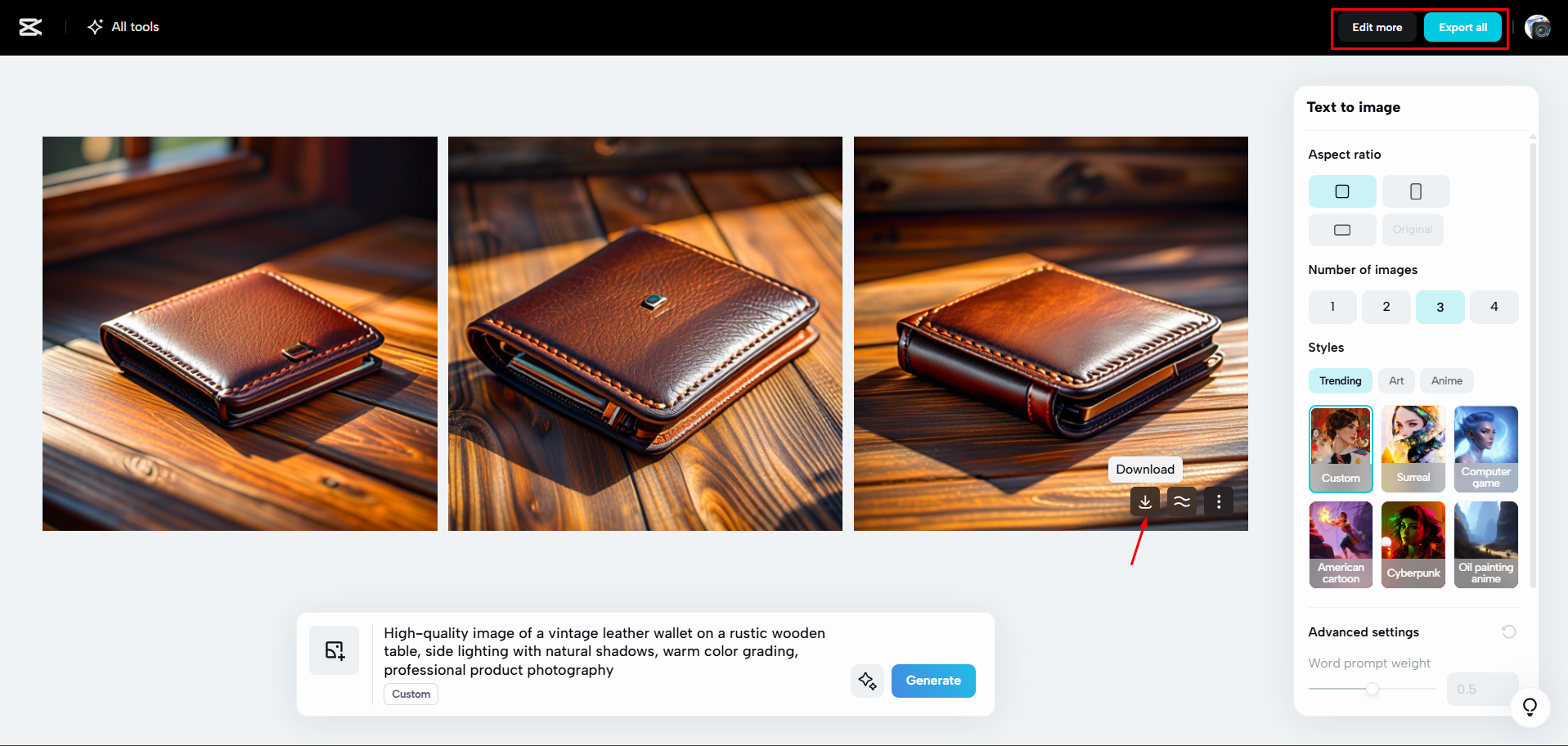 Downloading the AI generated images from CapCut Web