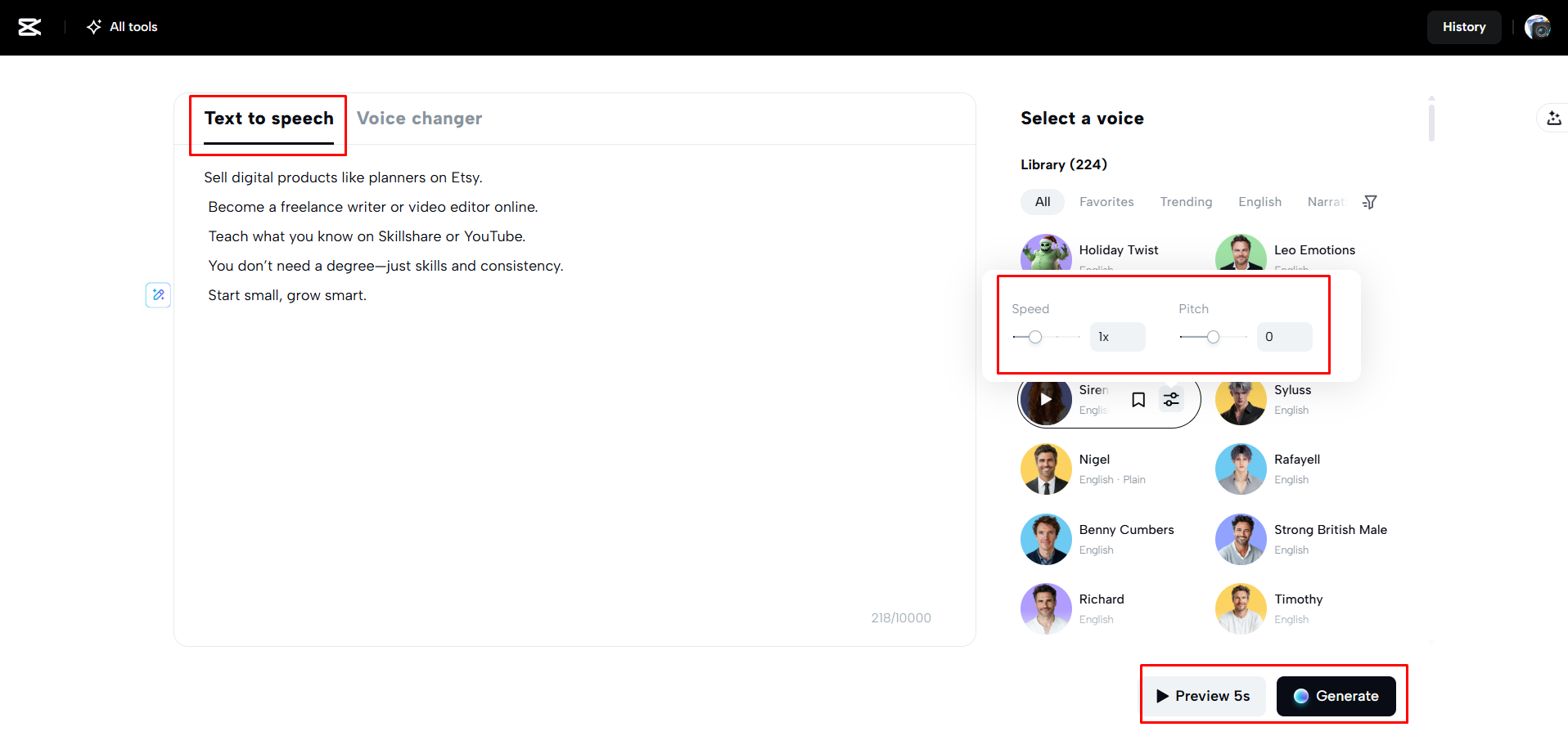 Adding text and converting it into audio with CapCut Web