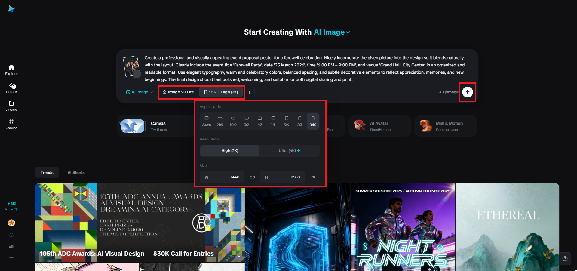 Select the model and set output preferences
