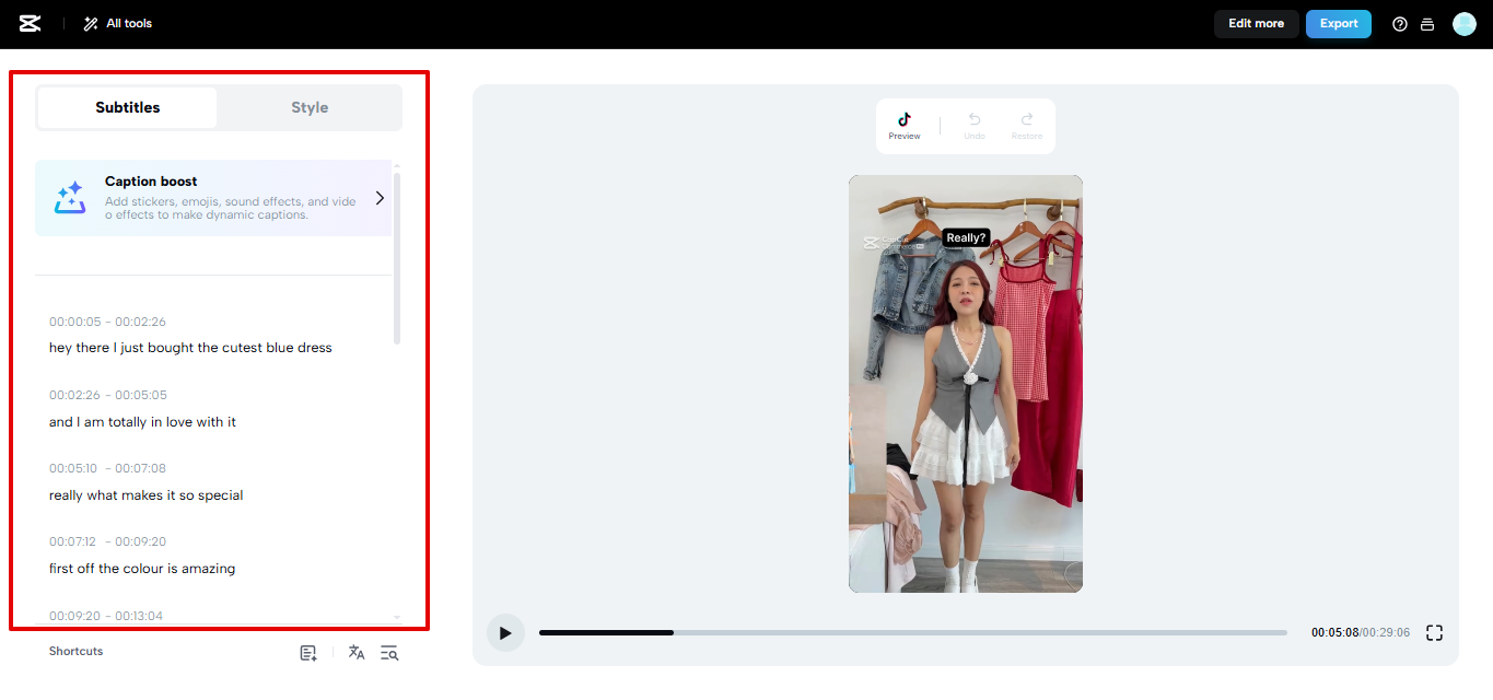Converting subtitles in CapCut Web