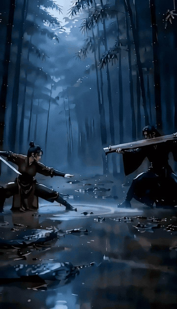 Animated final four-beat exchange, passing movement and separated hero ending.